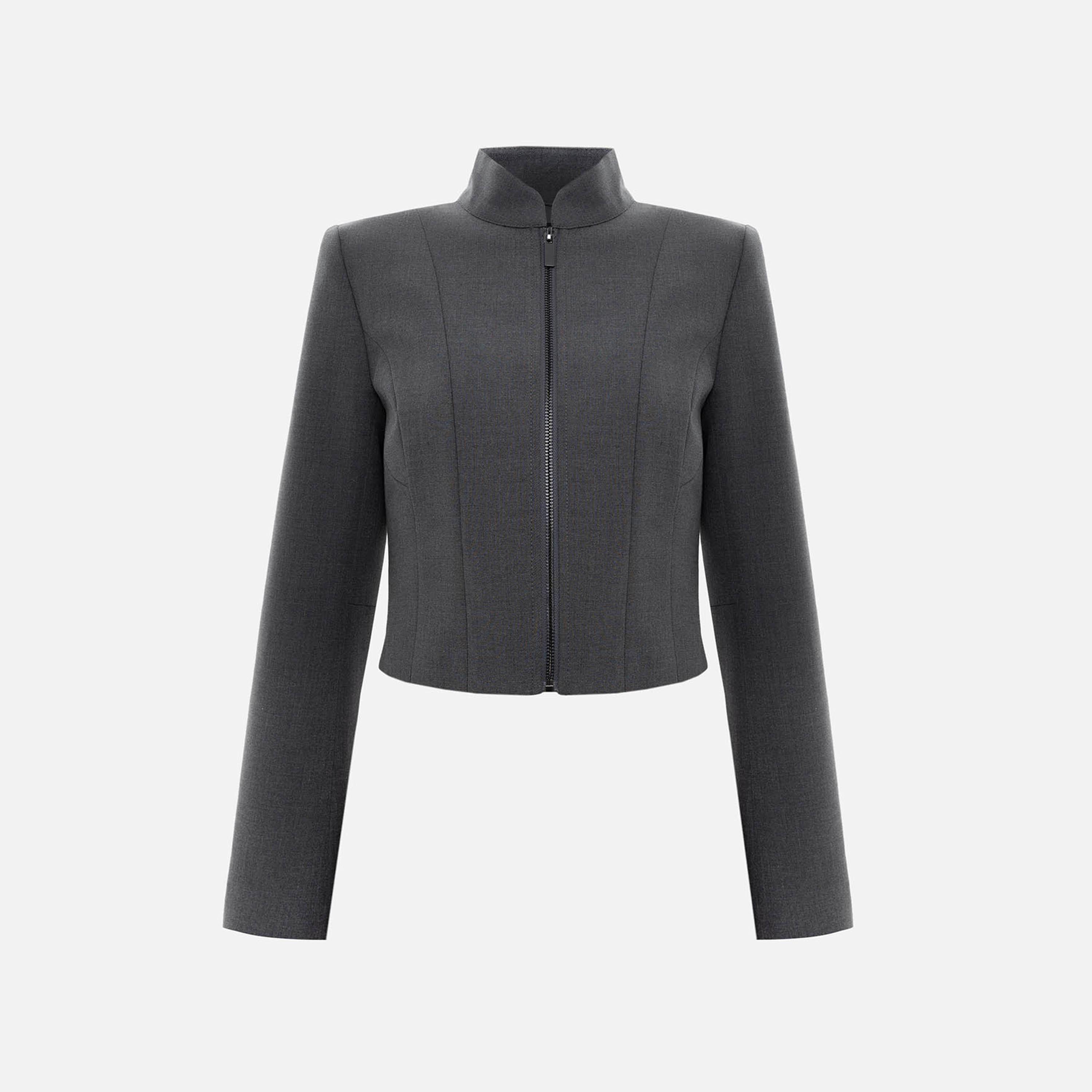 جاكيت حريمي رمادي بياقة قائمة من ليتشي-women-winterwear-coatsandjackets-jackets-image-5