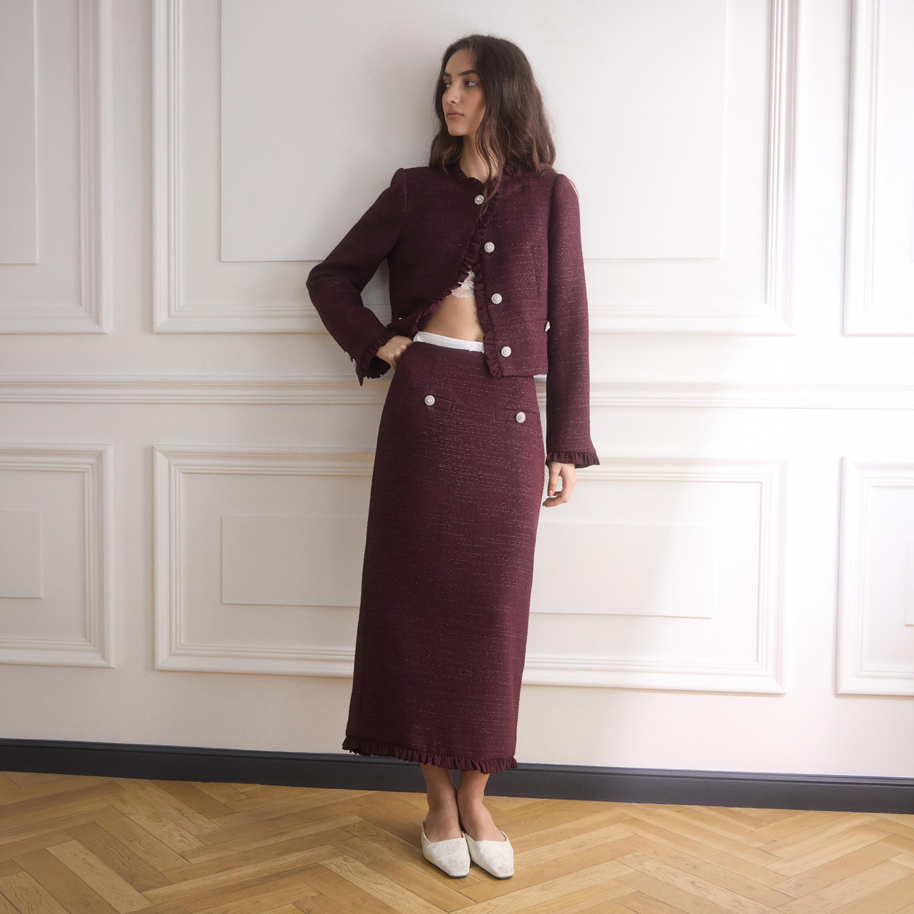 جاكيت حريمي من قماش التويد بياقة مكشكشة من ليتشي-women-winterwear-coatsandjackets-jackets-image-2