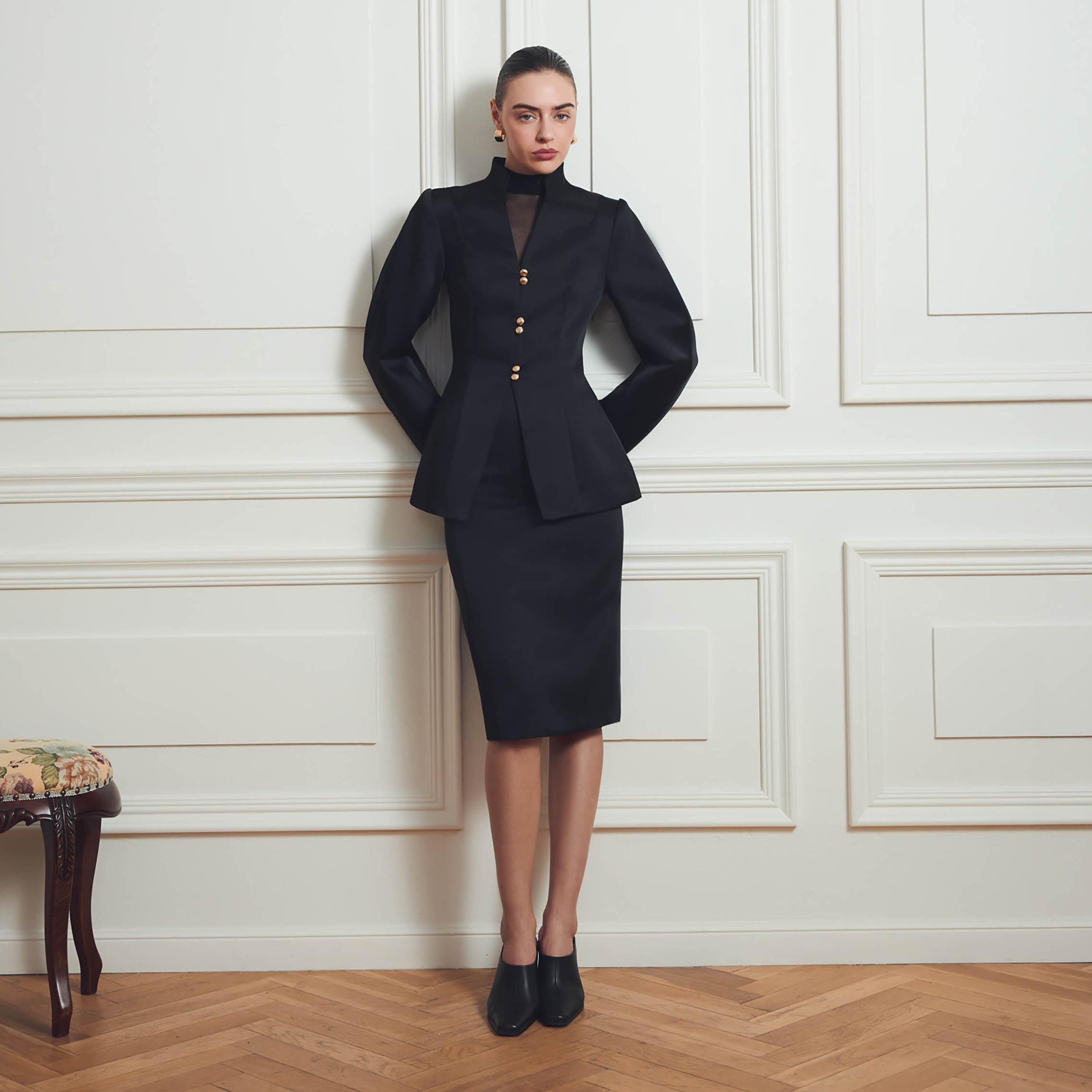 Lichi Black Stand Collar Women's Blazer-women-clothing-coatsandjackets-blazers-image-2