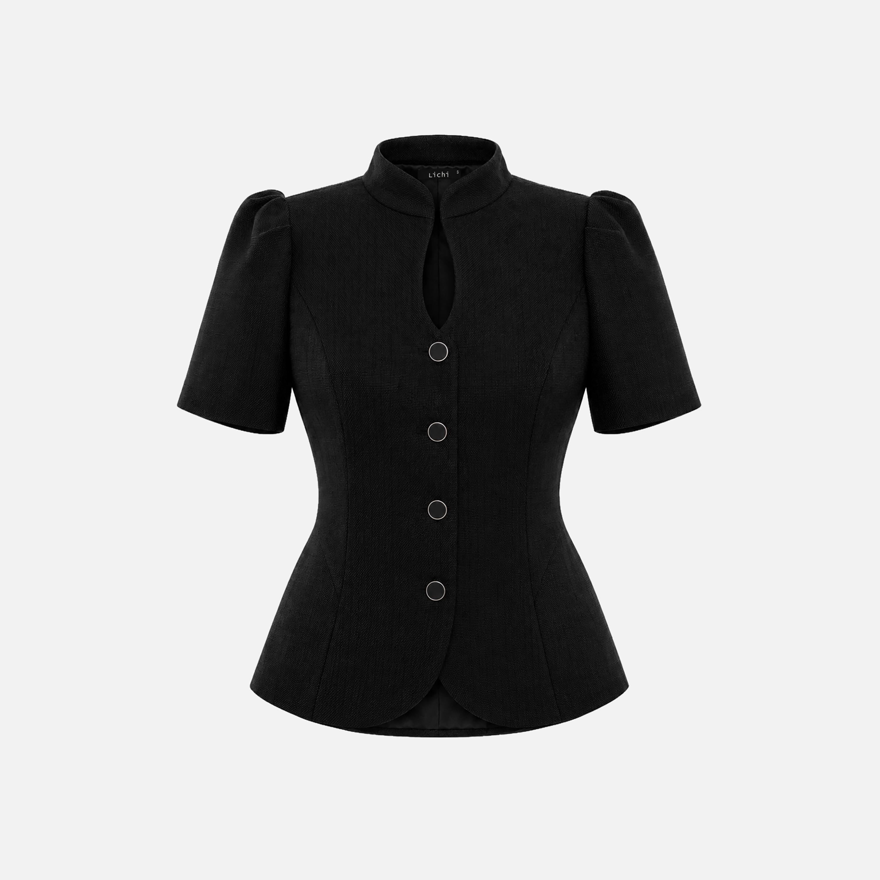 Lichi Textured Mandarin Collar Puff Sleeves Women's Peplum Jacket-women-winterwear-coatsandjackets-jackets-image-5