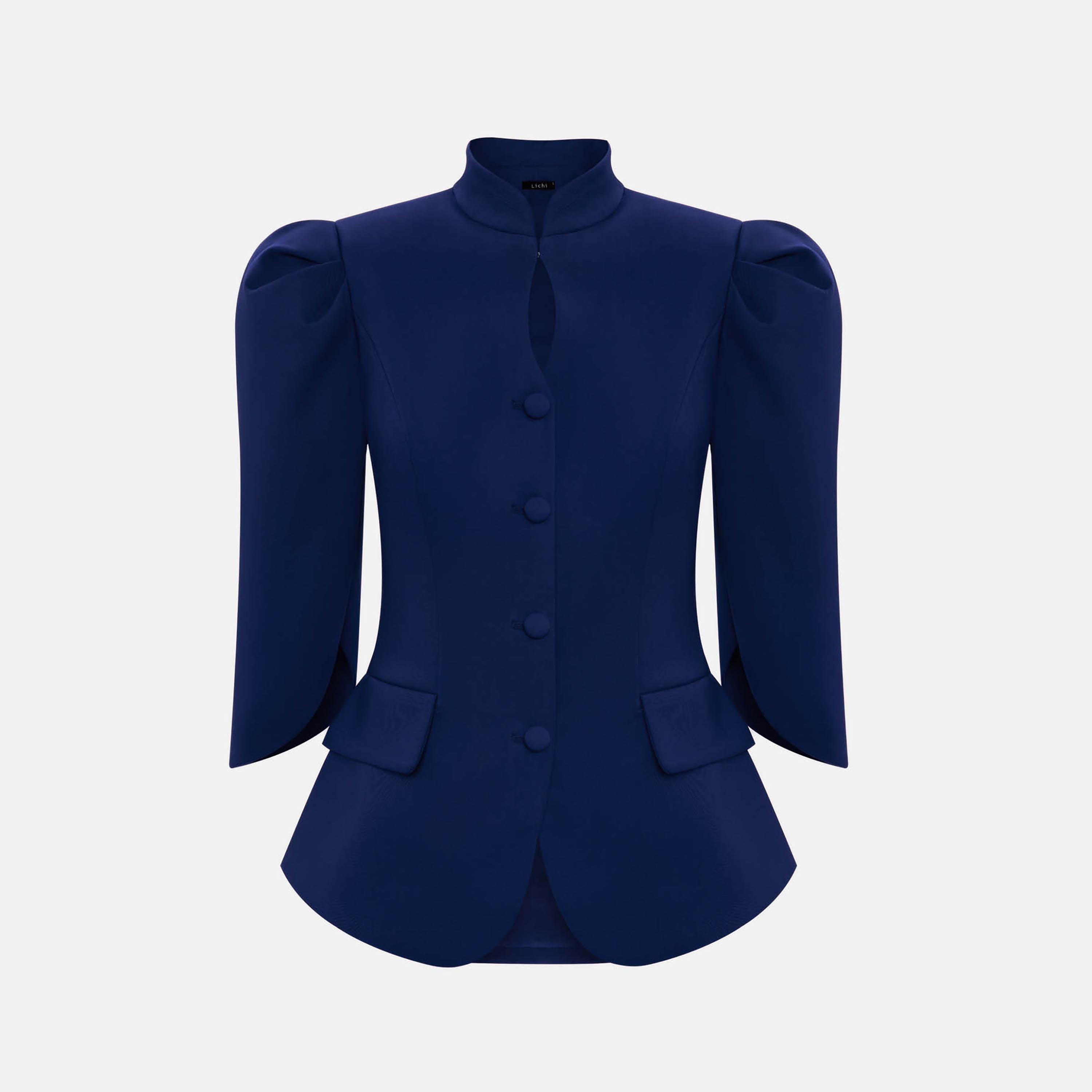 جاكيت بيبلوم حريمي بفتحة رقبة مفرغة وأكمام منتفخة من ليتشي-women-winterwear-coatsandjackets-jackets-image-5