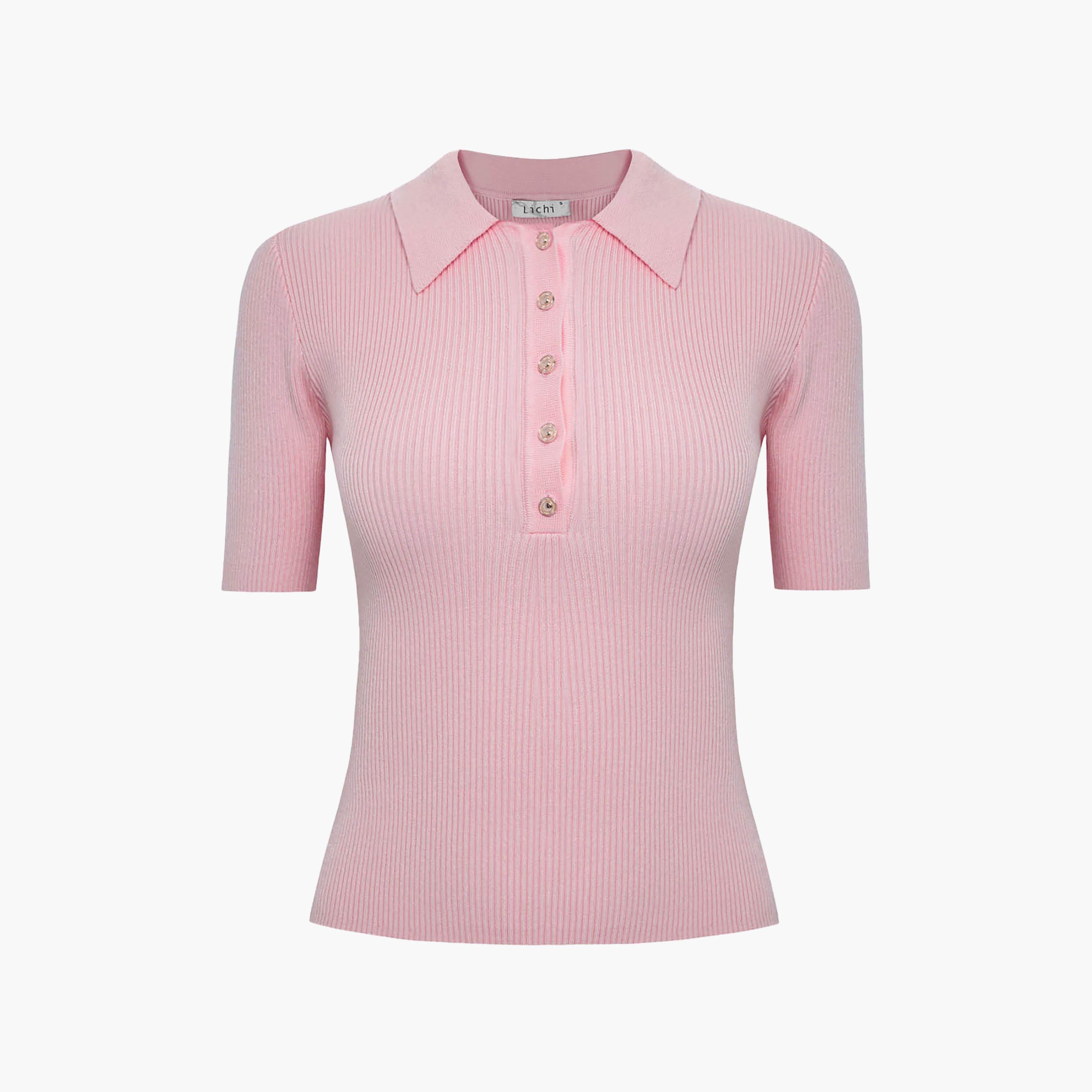 بلوزة بولو جيرسي مضلعة بياقة للنساء من ليتشي-women-clothing-shirtsandblouses-blouses-image-5