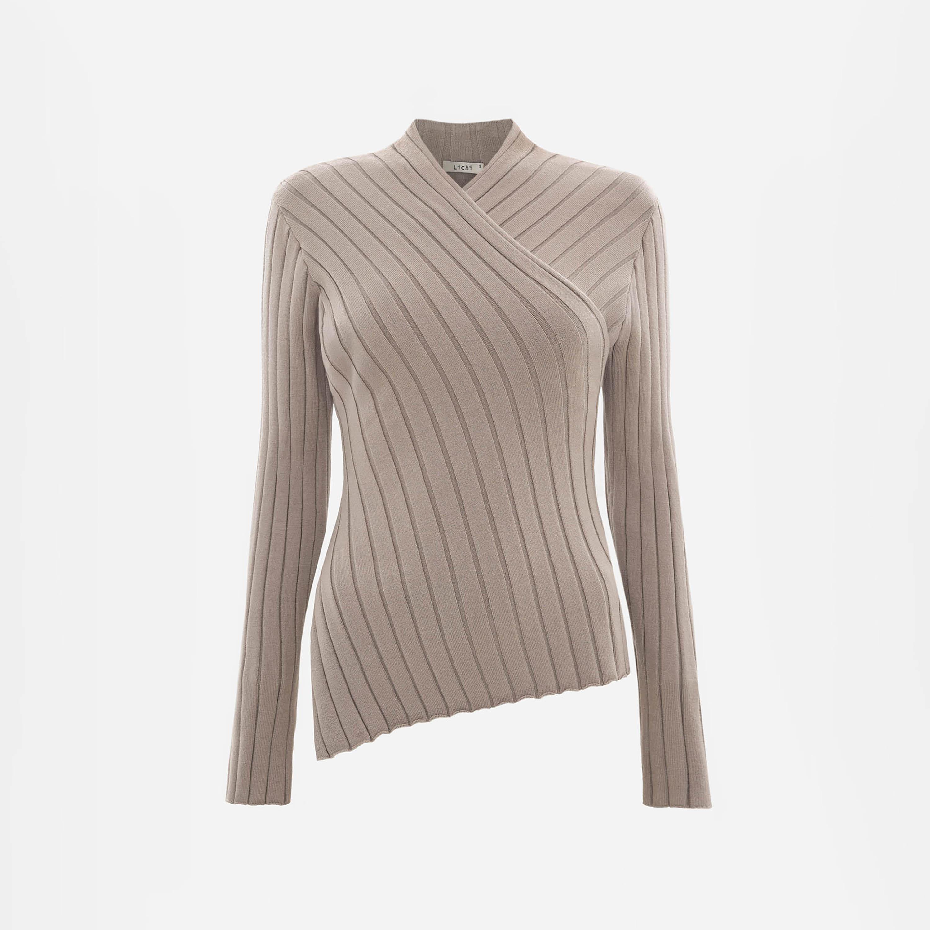 سويتر حريمي بتريكو مضلع وفتحة رقبة ملتفة من ليتشي-women-winterwear-cardigansandjumpers-jumpers-image-5