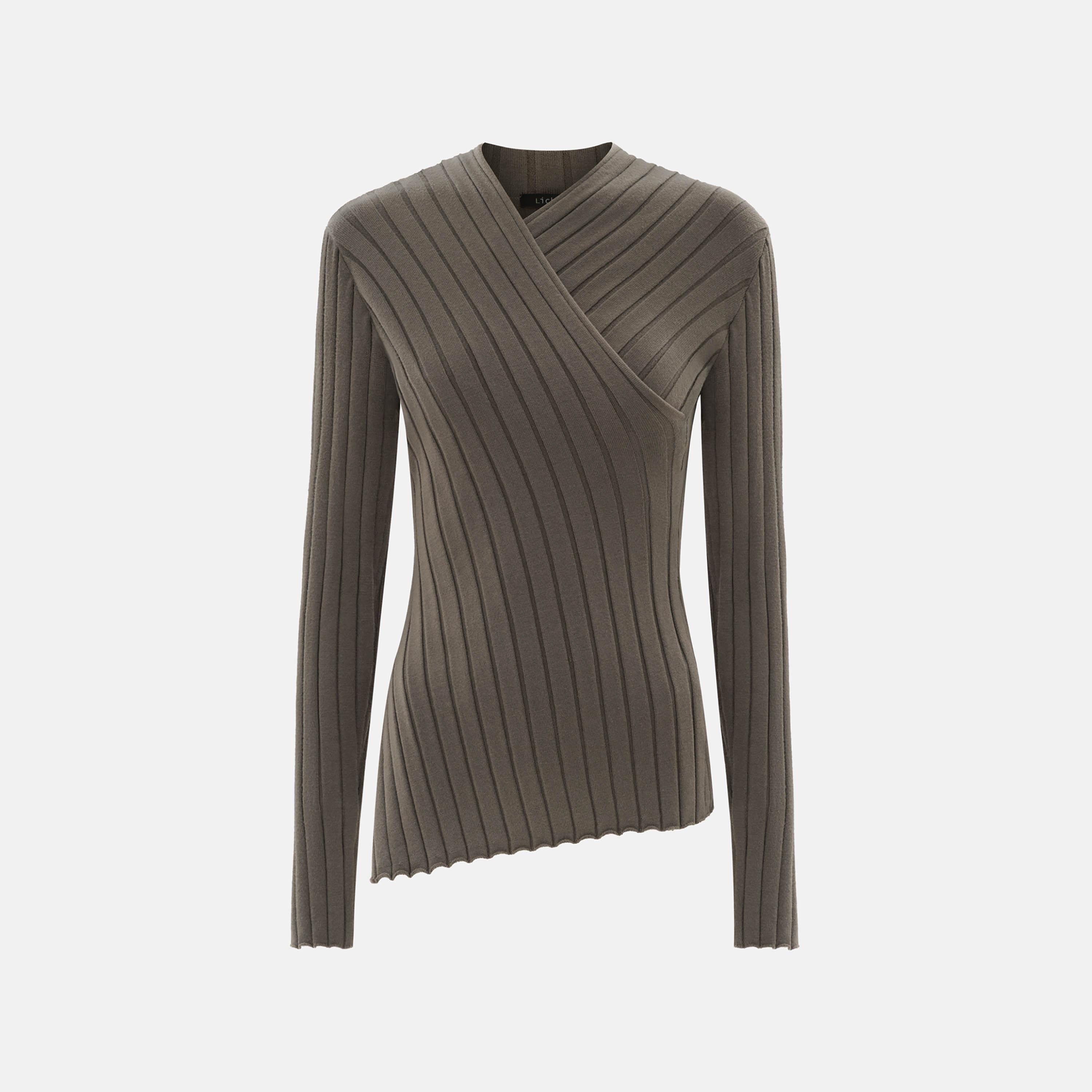 سويتر حريمي بتريكو مضلع وفتحة رقبة ملتفة من ليتشي-women-winterwear-cardigansandjumpers-jumpers-image-5