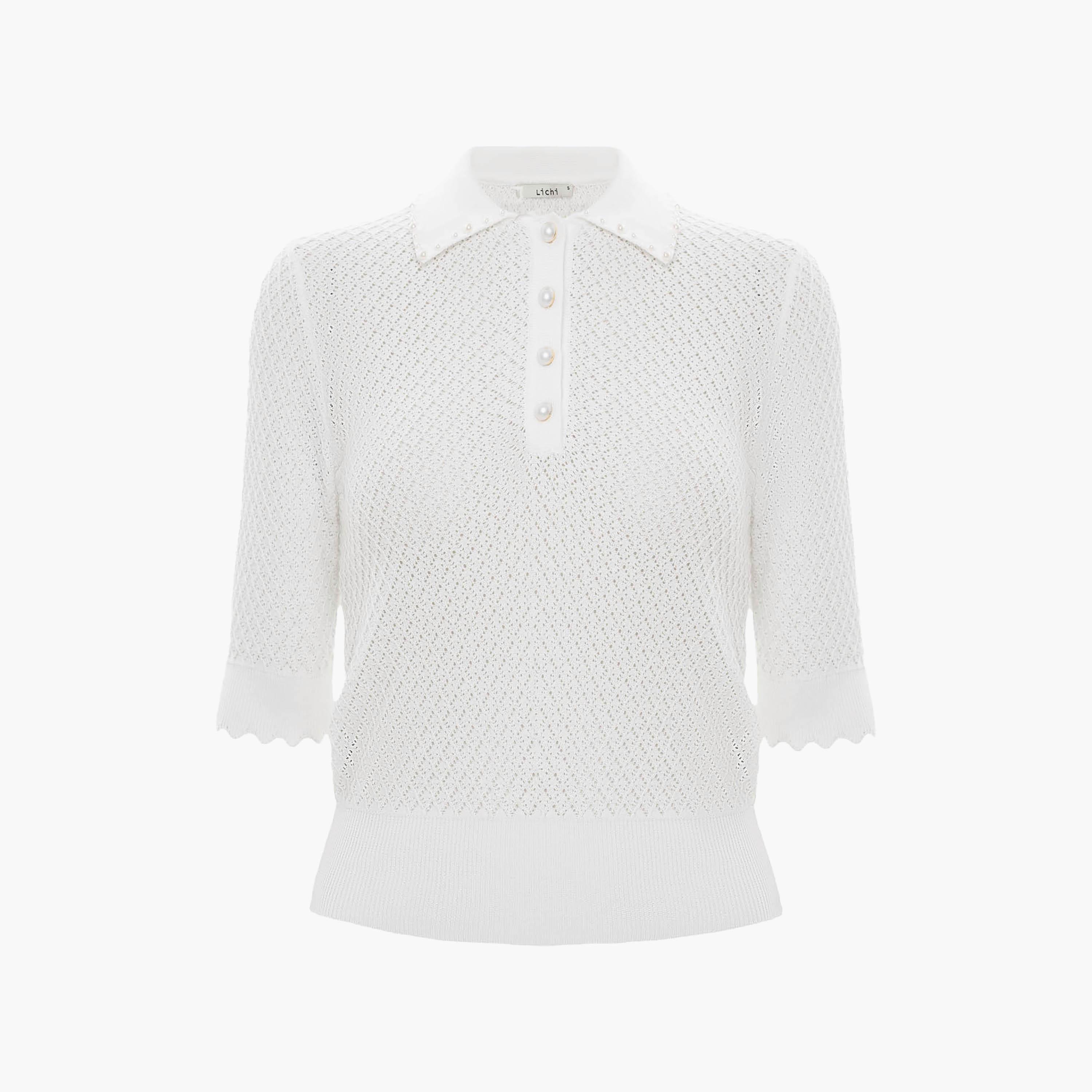 Lichi White Openwork Collared Women's Polo Top-women-clothing-shirtsandblouses-blouses-image-5