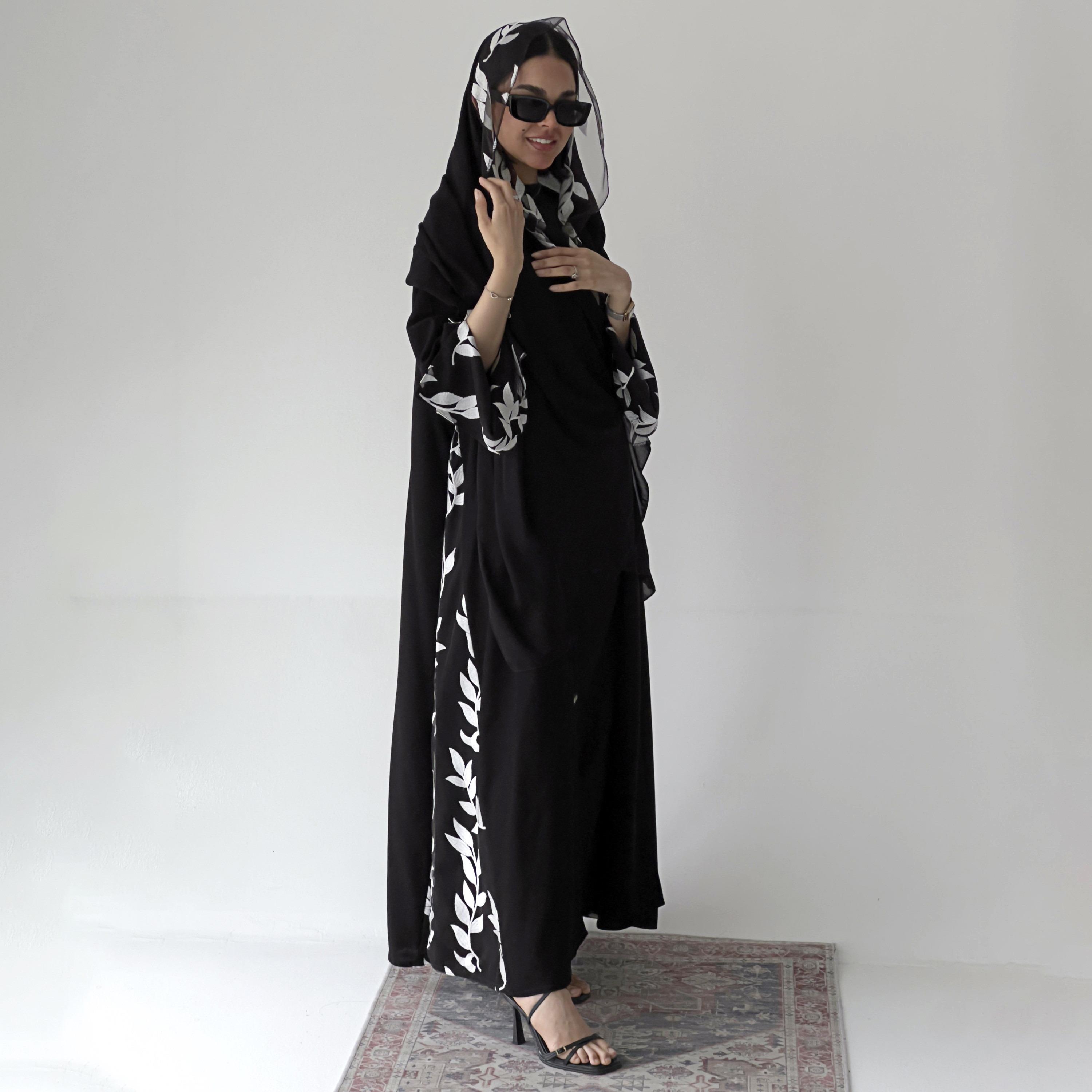 Lusin Abaya Black Slit Sleeves Leaf Embroidered Royal Crepe Women's Abaya with Hijab-women-arabicclothing-abayas-image-1