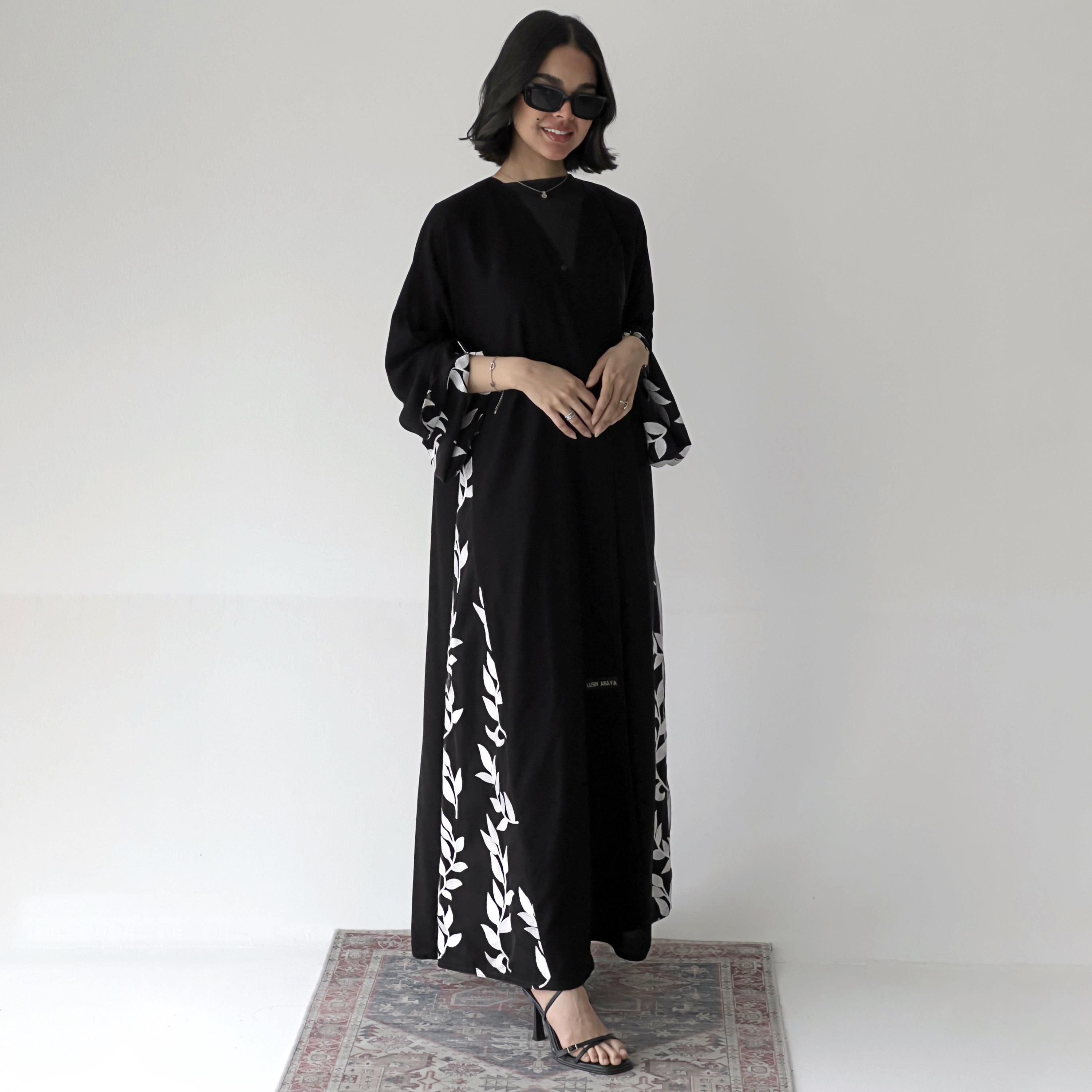 Lusin Abaya Black Slit Sleeves Leaf Embroidered Royal Crepe Women's Abaya with Hijab-women-arabicclothing-abayas-image-4