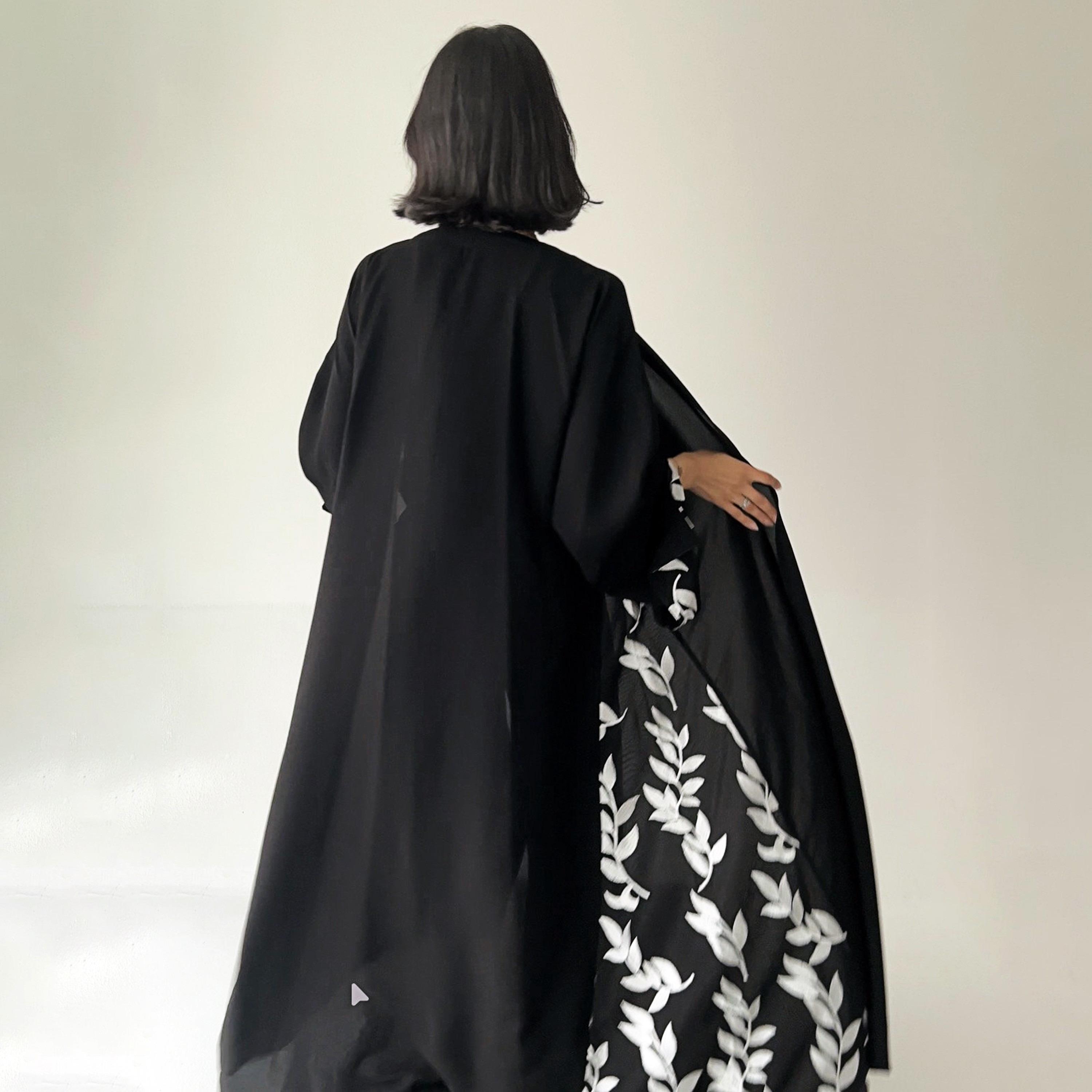 Lusin Abaya Black Slit Sleeves Leaf Embroidered Royal Crepe Women's Abaya with Hijab-women-arabicclothing-abayas-image-5