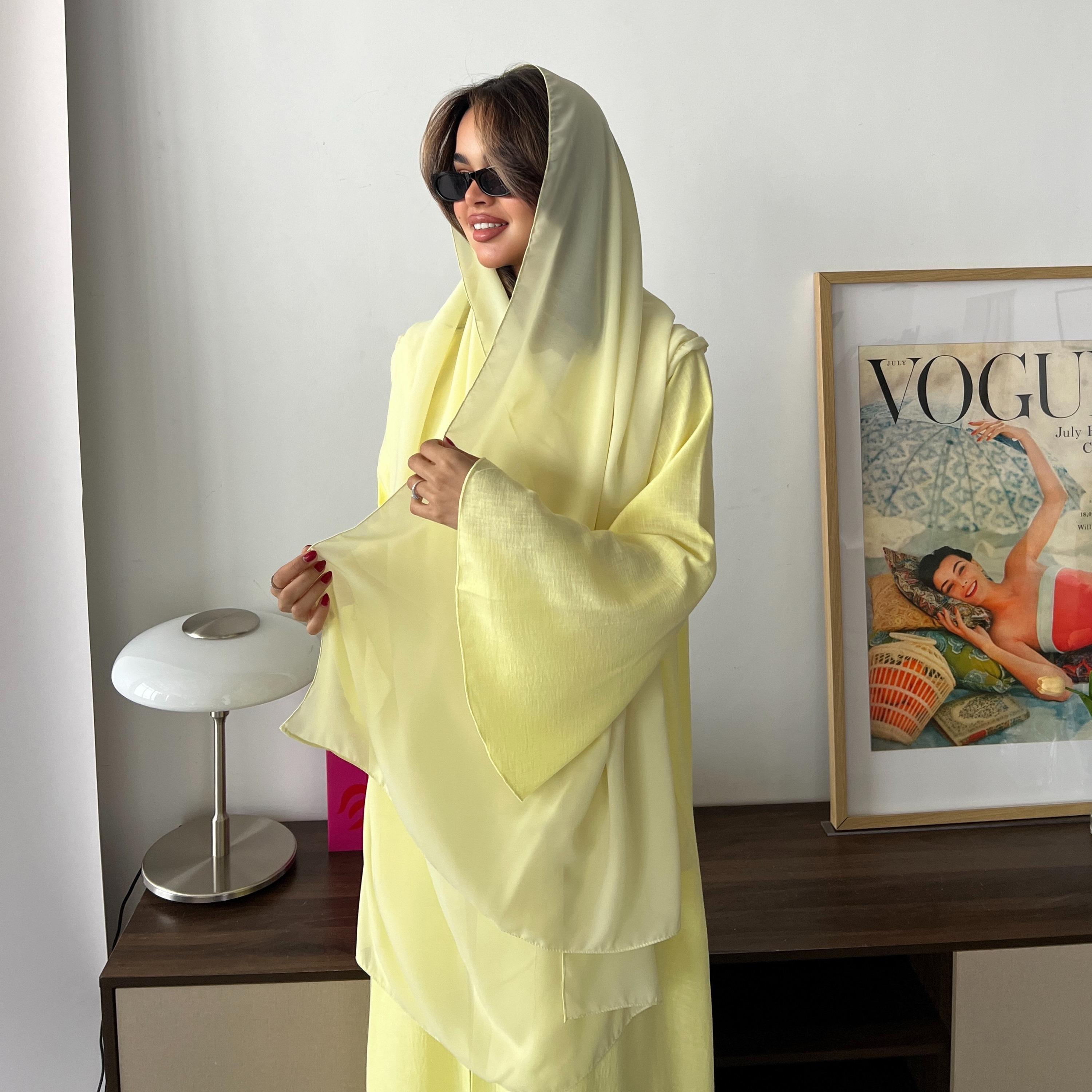 عبا صيفي حريمي أصفر ليموني بملمس وأكمام واسعة تتسع تدريجياً من الكتان مع حجاب من لوسين-women-arabicclothing-abayas-image-4