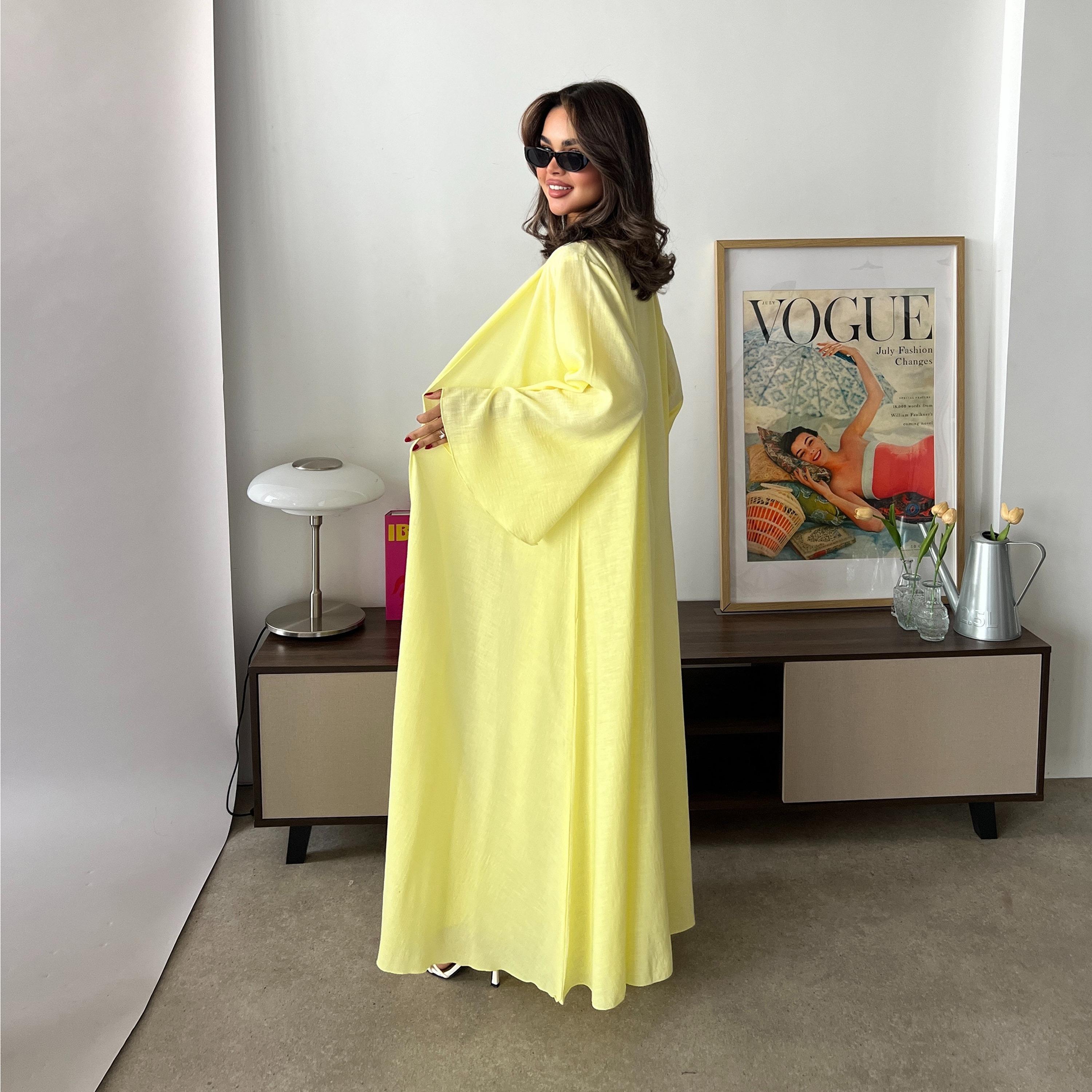 عبا صيفي حريمي أصفر ليموني بملمس وأكمام واسعة تتسع تدريجياً من الكتان مع حجاب من لوسين-women-arabicclothing-abayas-image-7