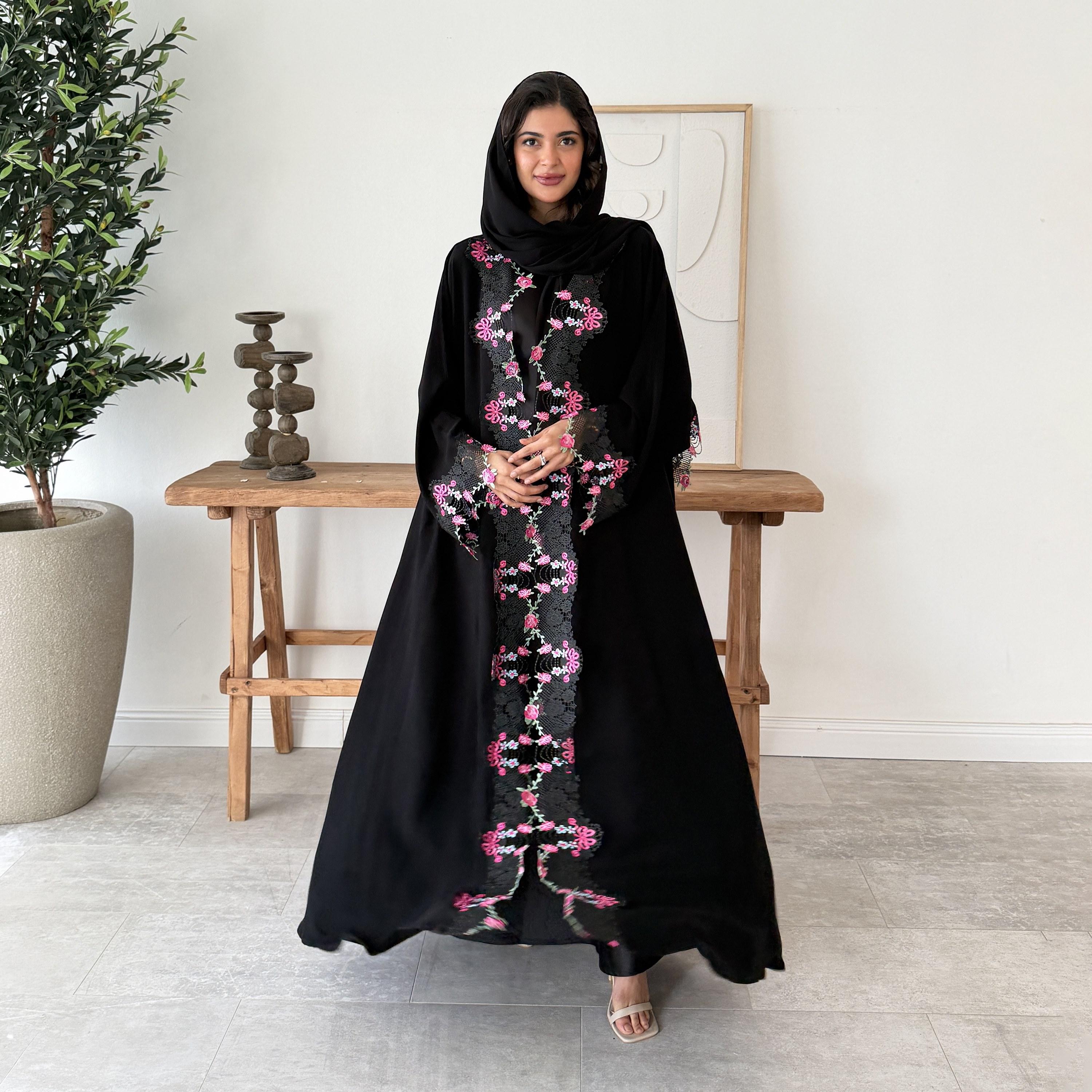 Lusin abaya Black Floral Embroidered Wide Sleeves Royal Crepe Women's Abaya with Hijab-women-arabicclothing-abayas-image-1