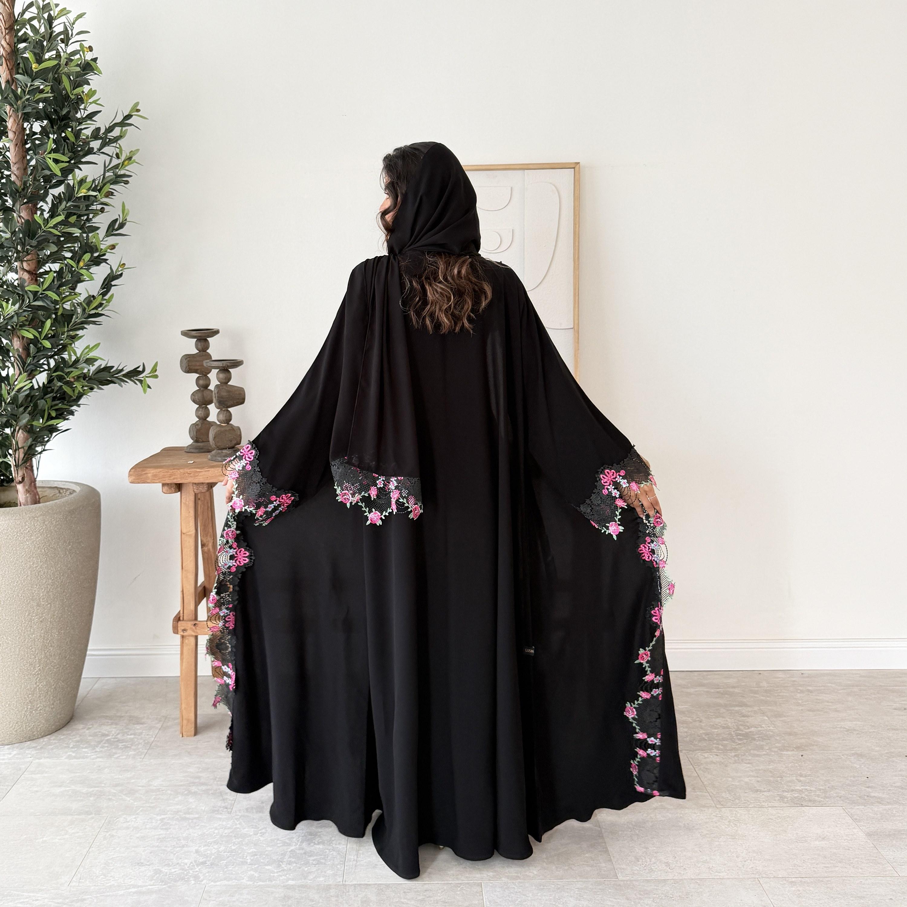 Lusin abaya Black Floral Embroidered Wide Sleeves Royal Crepe Women's Abaya with Hijab-women-arabicclothing-abayas-image-6