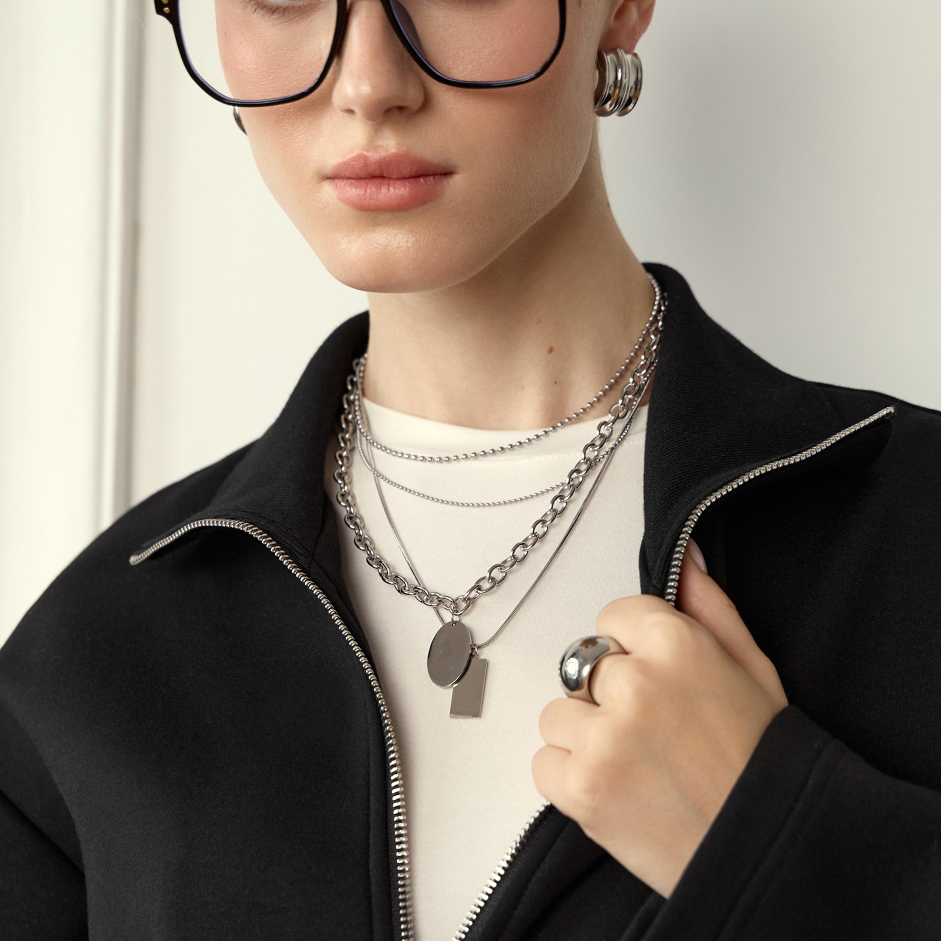 عقد ليتشي فضي متعدد الطبقات للنساء من الستانلس ستيل | مقاس موحد | ncl0246-women-watchesandjewellery-jewellery-necklacesandpendants-image-4