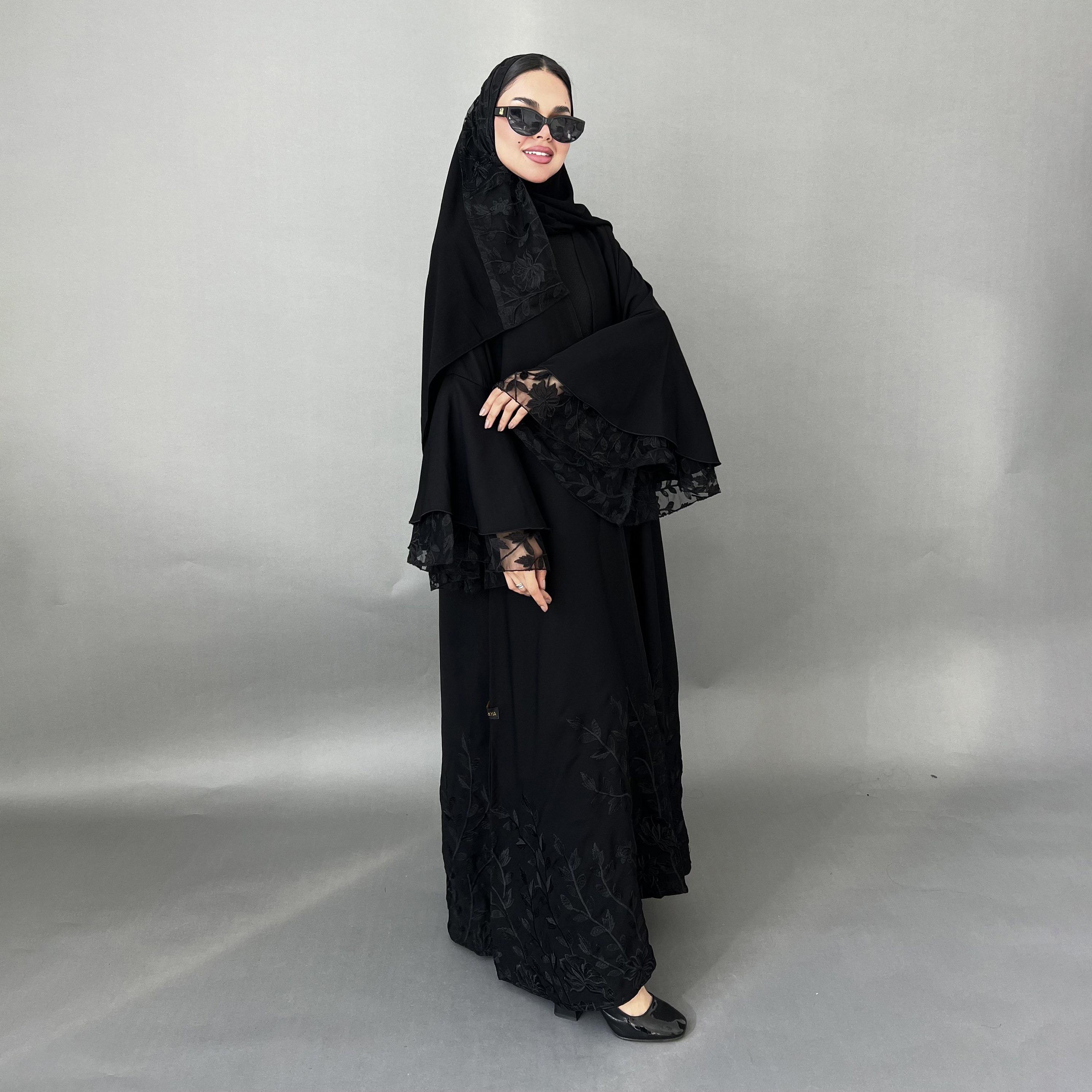 Lusin Abaya Black Bell Sleeves Embroidered Crepe Women's Abaya with Hijab-women-arabicclothing-abayas-image-1