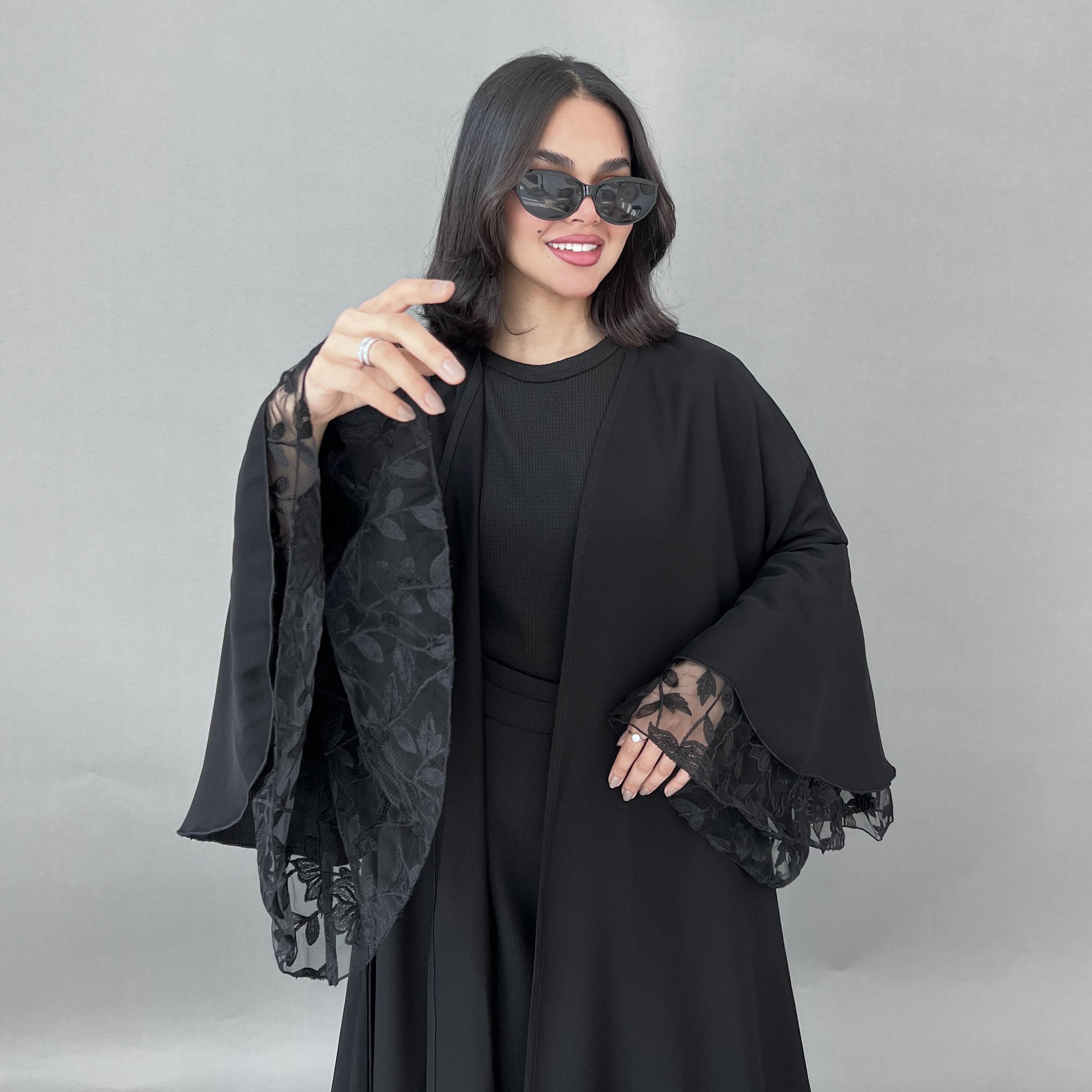 Lusin Abaya Black Bell Sleeves Embroidered Crepe Women's Abaya with Hijab-women-arabicclothing-abayas-image-2