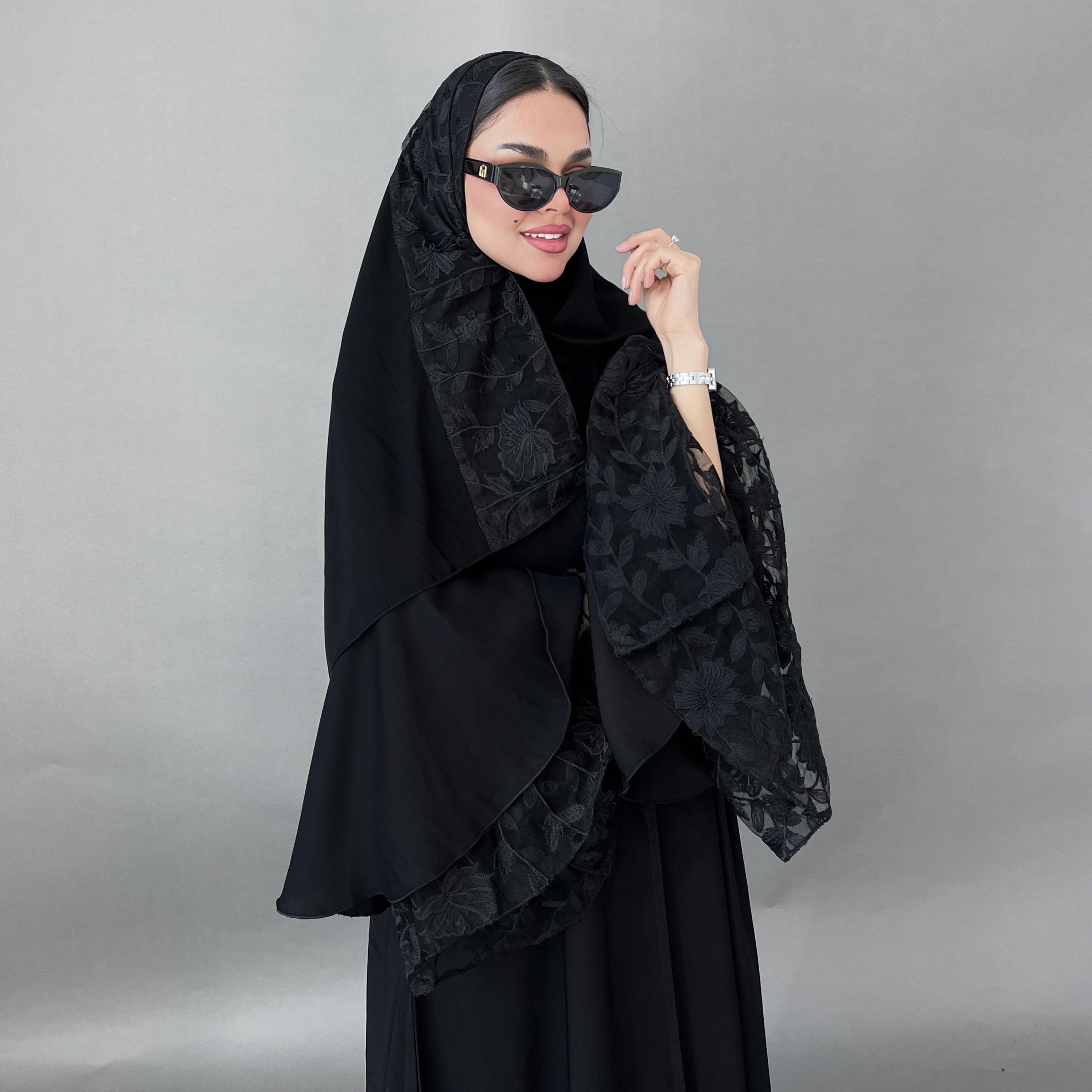 Lusin Abaya Black Bell Sleeves Embroidered Crepe Women's Abaya with Hijab-women-arabicclothing-abayas-image-3