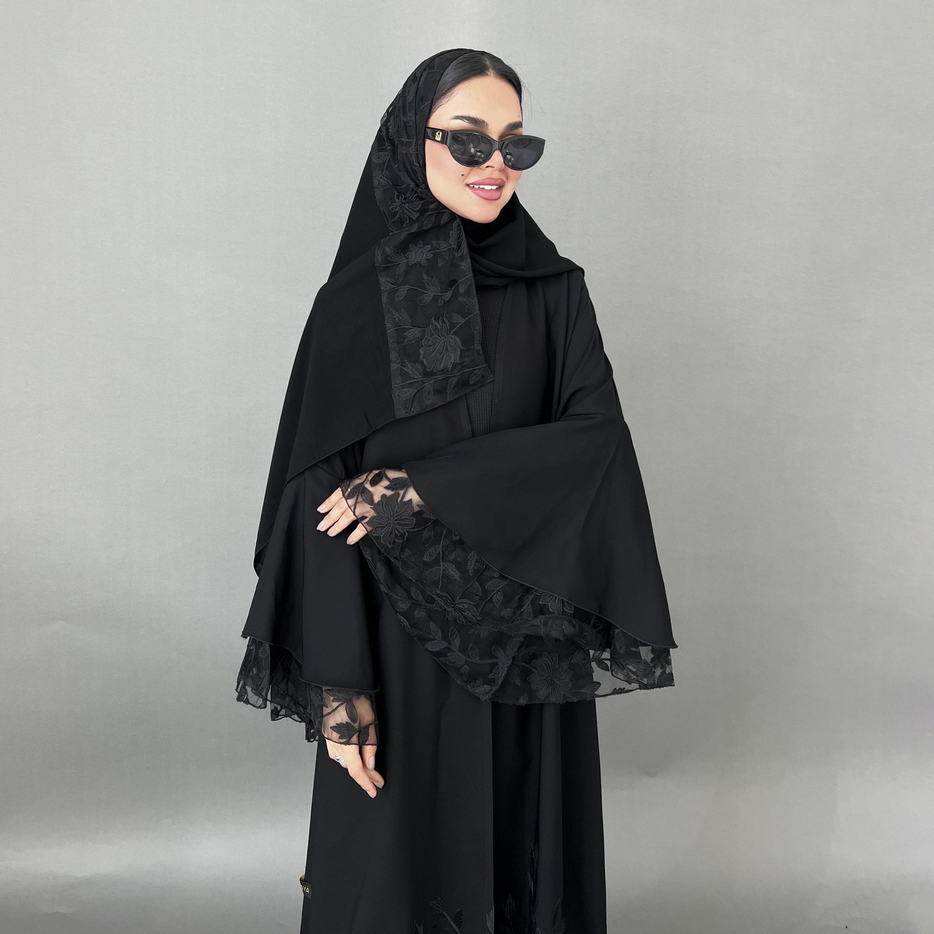 Lusin Abaya Black Bell Sleeves Embroidered Crepe Women's Abaya with Hijab-women-arabicclothing-abayas-image-4