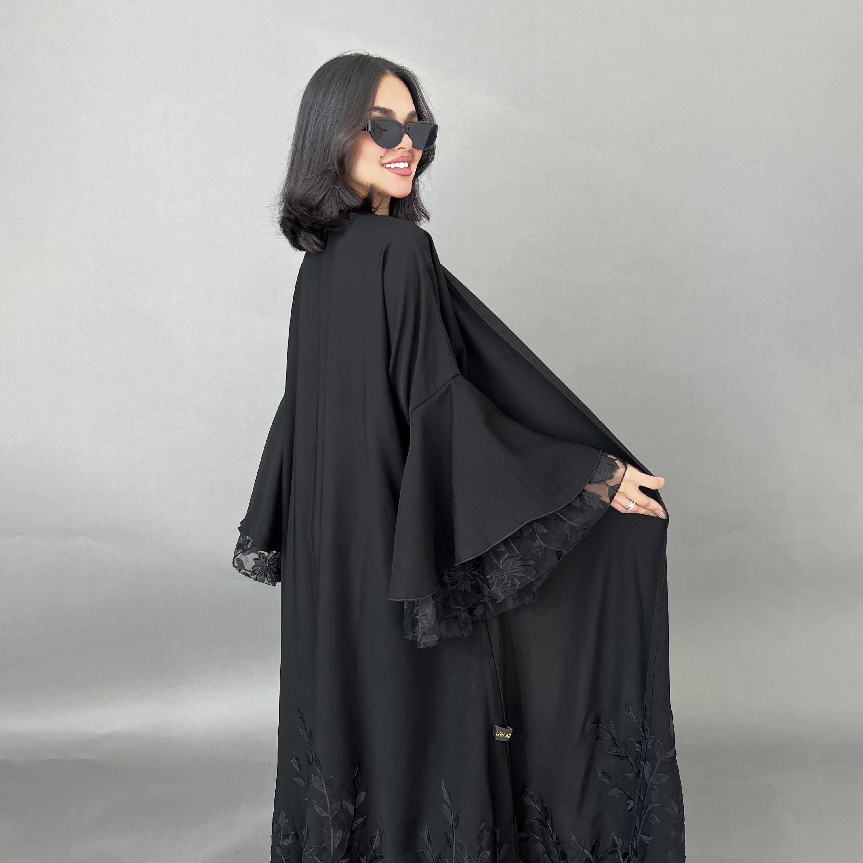 Lusin Abaya Black Bell Sleeves Embroidered Crepe Women's Abaya with Hijab-women-arabicclothing-abayas-image-5