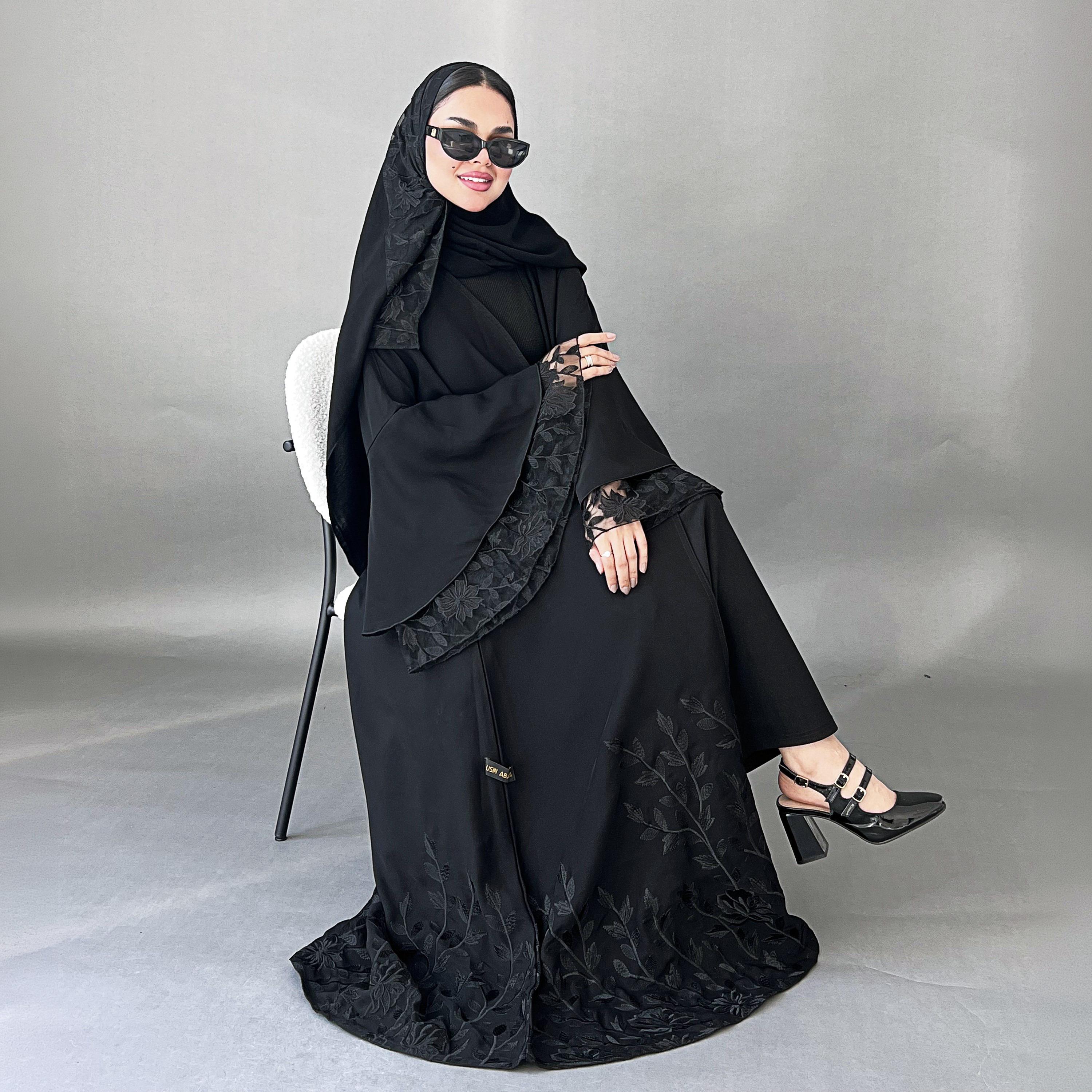Lusin Abaya Black Bell Sleeves Embroidered Crepe Women's Abaya with Hijab-women-arabicclothing-abayas-image-6