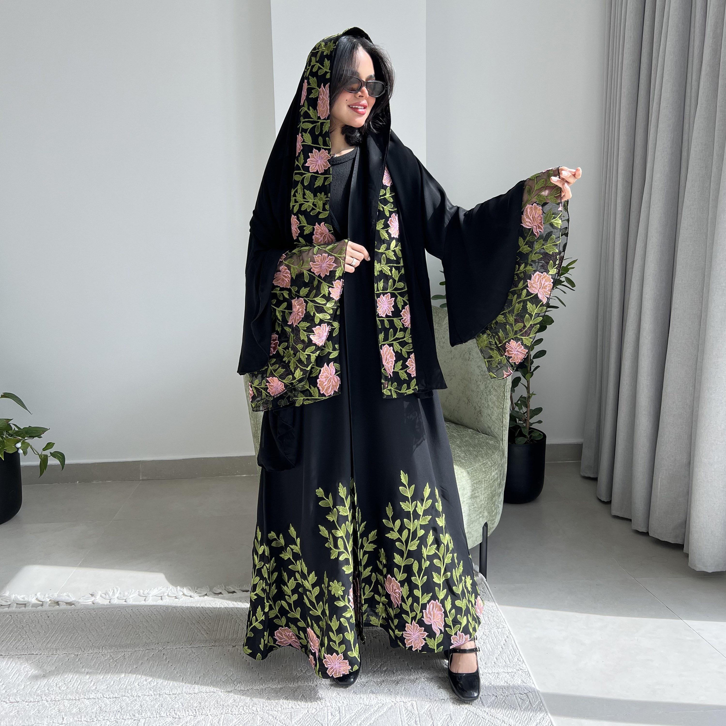 Lusin Abaya Black Bell Sleeves Embroidered Crepe Women's Abaya with Hijab-women-arabicclothing-abayas-image-1
