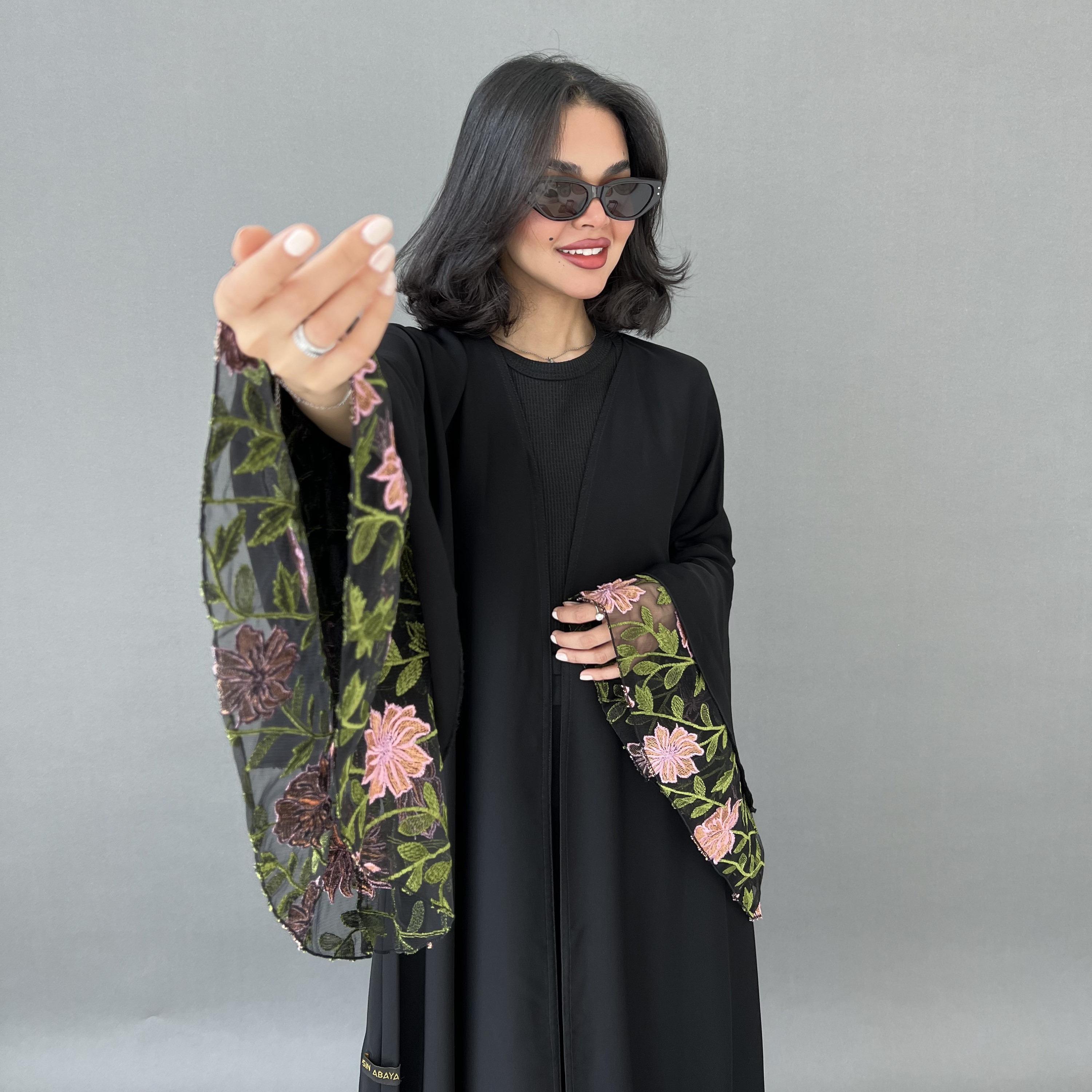 Lusin Abaya Black Bell Sleeves Embroidered Crepe Women's Abaya with Hijab-women-arabicclothing-abayas-image-2