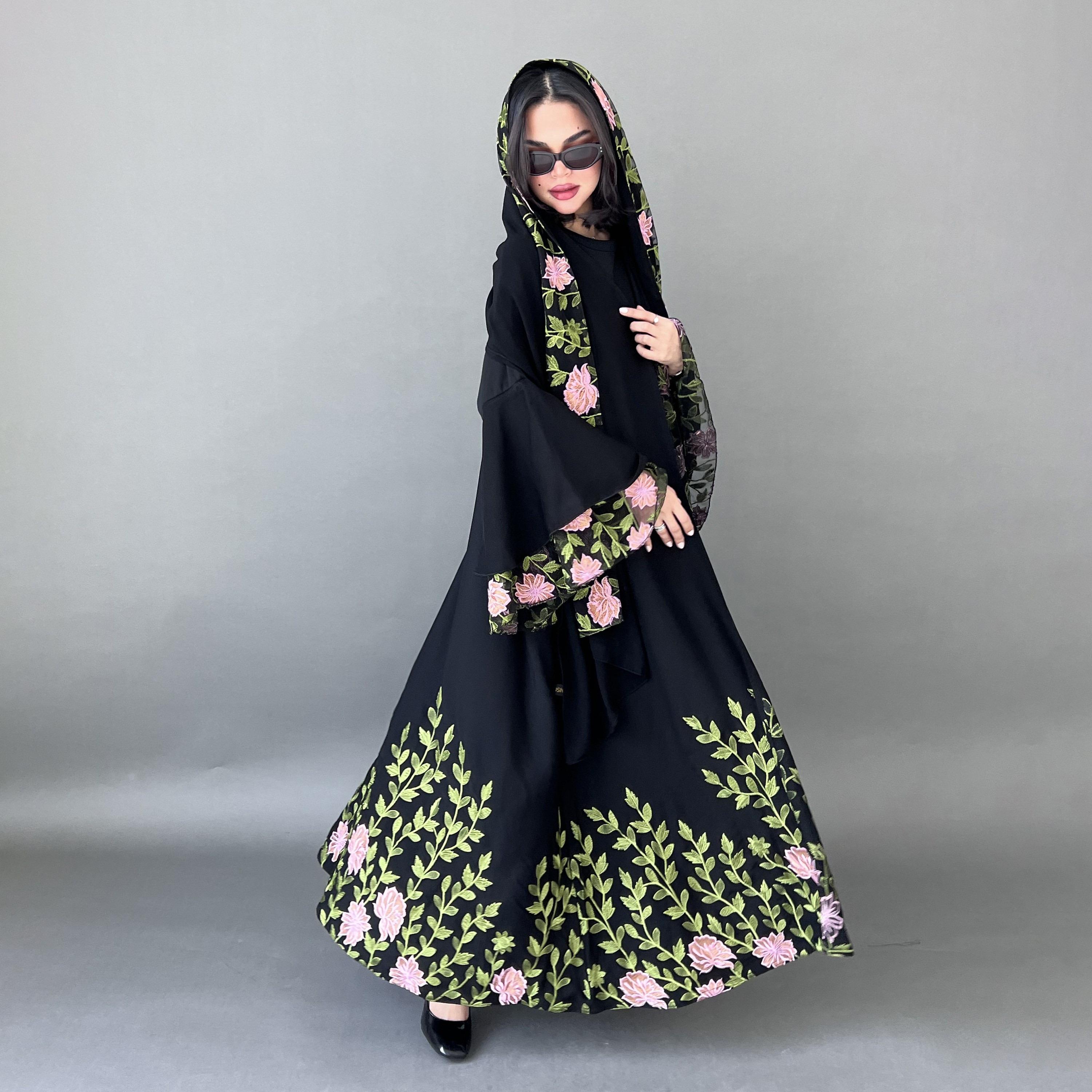 Lusin Abaya Black Bell Sleeves Embroidered Crepe Women's Abaya with Hijab-women-arabicclothing-abayas-image-4
