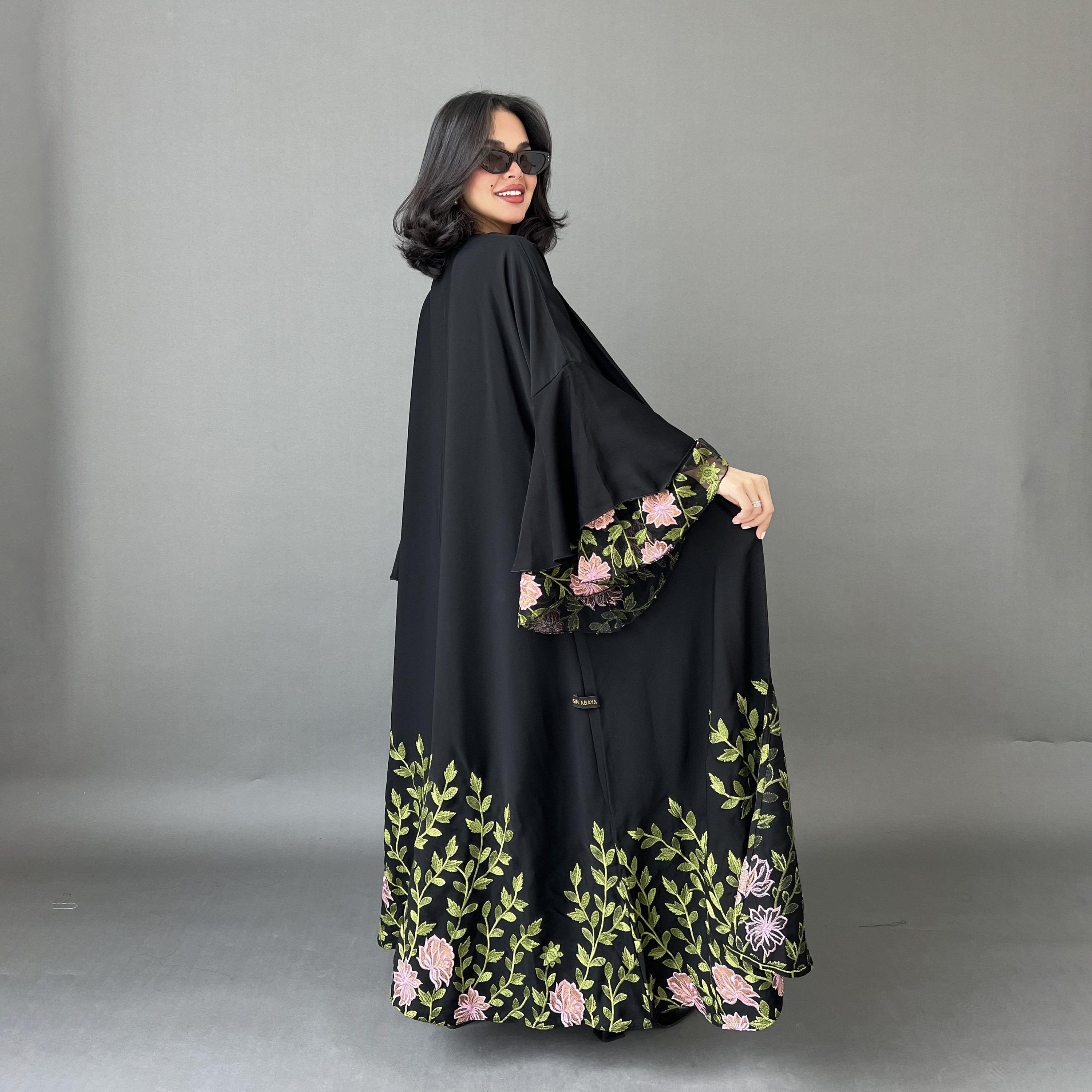 Lusin Abaya Black Bell Sleeves Embroidered Crepe Women's Abaya with Hijab-women-arabicclothing-abayas-image-5