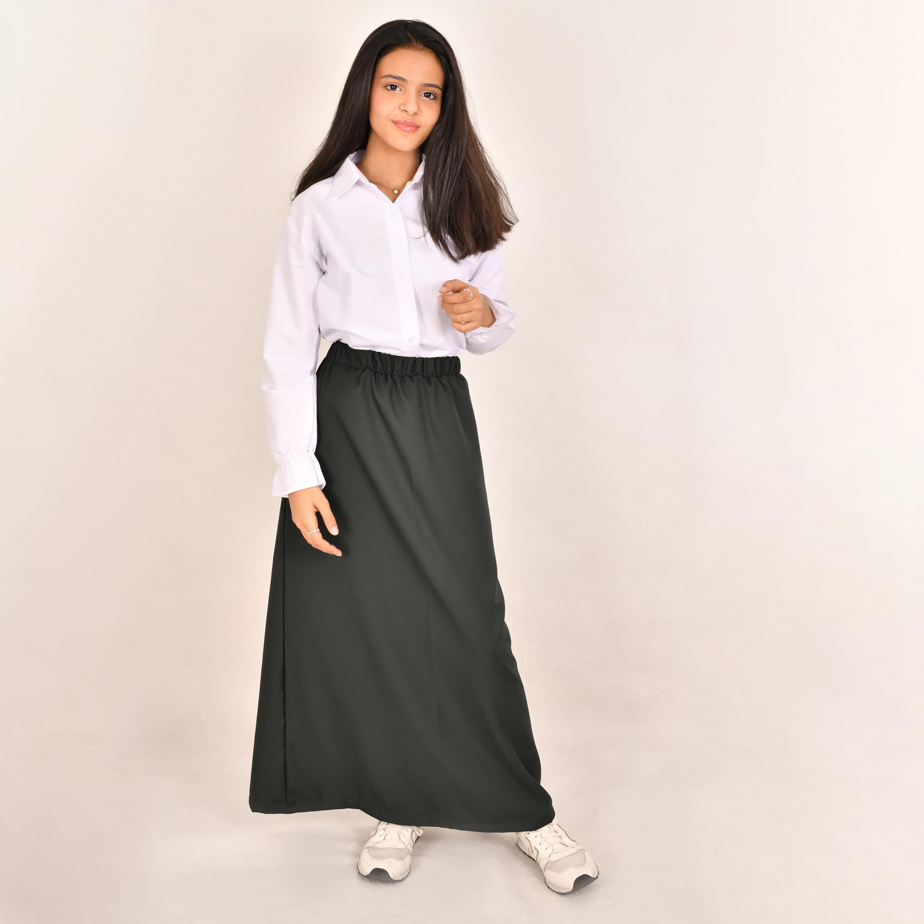 Hawraa Green Plain Linen Girls Full Length Skirt-girls-clothing-schoolwear-bottoms-skirt-image-3