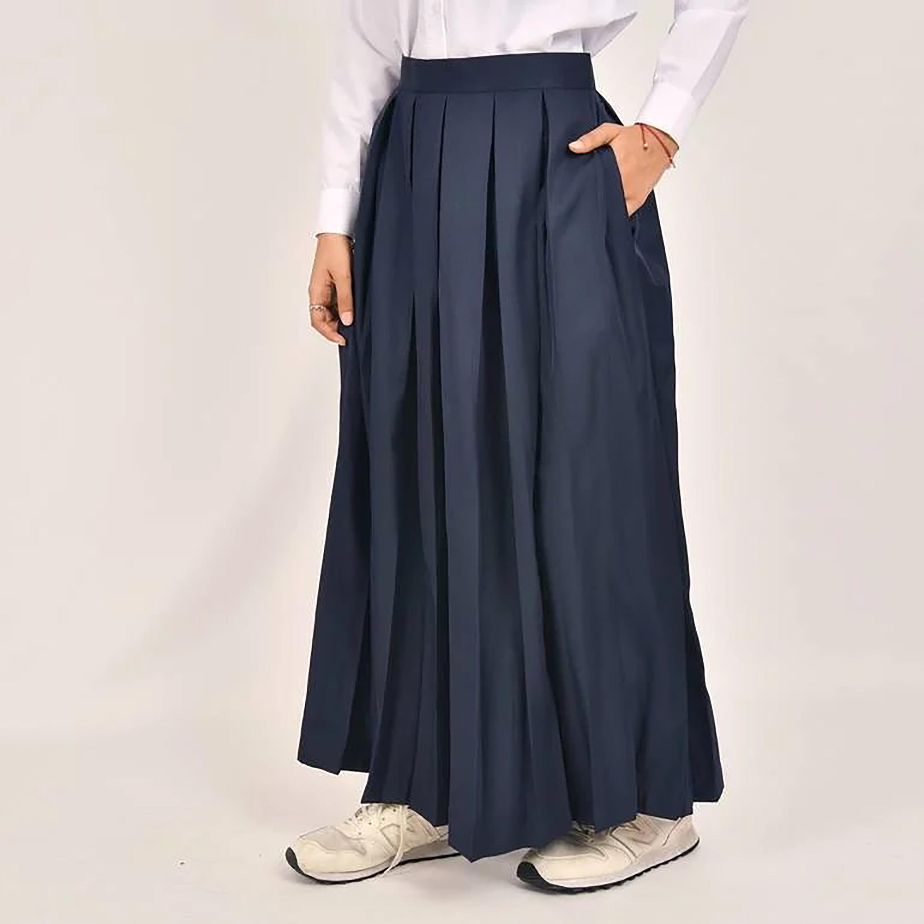 Hawraa Blue Plain Linen Girls Full Length Skirt-girls-clothing-bottoms-skirts-image-1