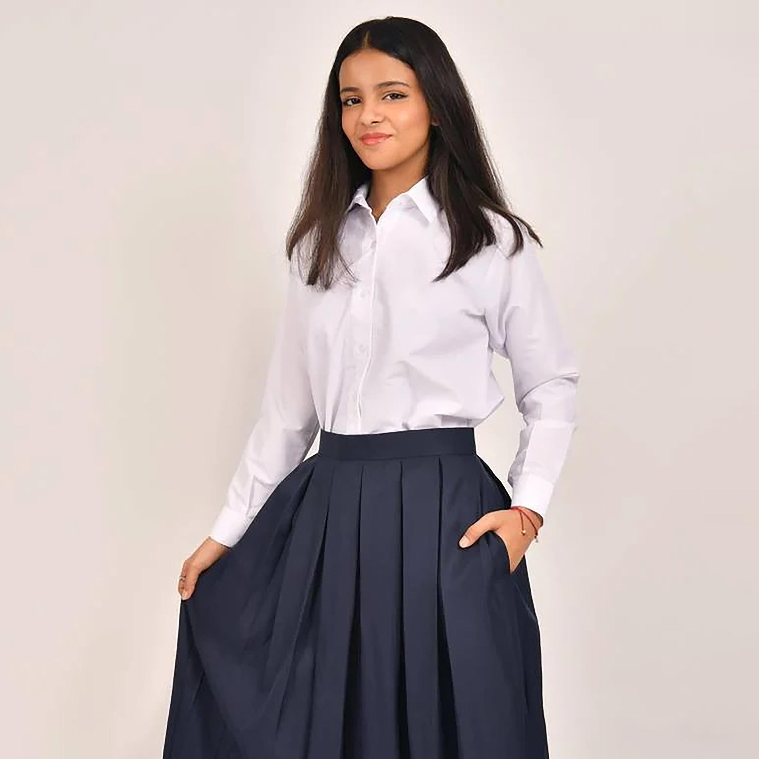 Hawraa Blue Plain Linen Girls Full Length Skirt-girls-clothing-bottoms-skirts-image-3