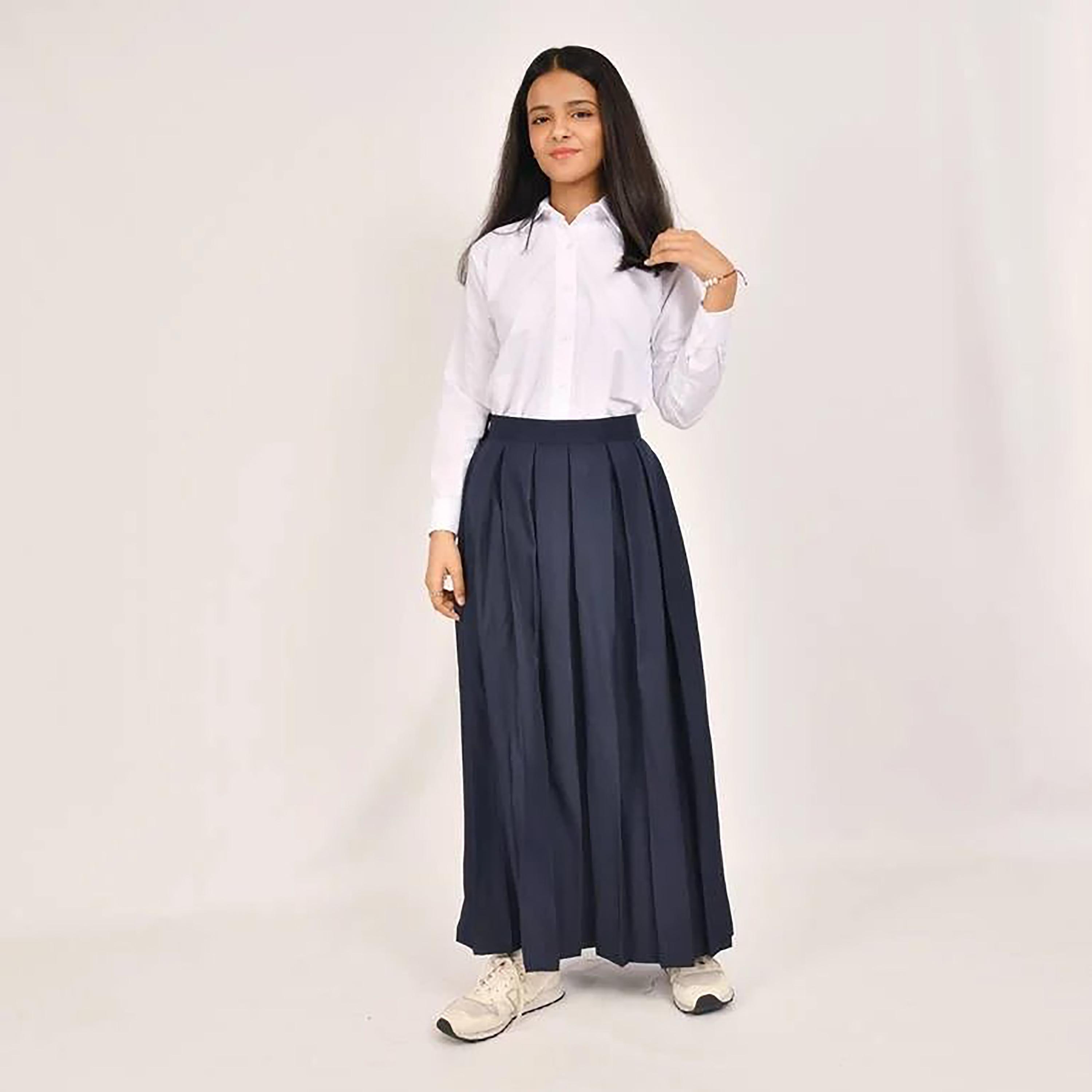 Hawraa Blue Plain Linen Girls Full Length Skirt-girls-clothing-bottoms-skirts-image-4