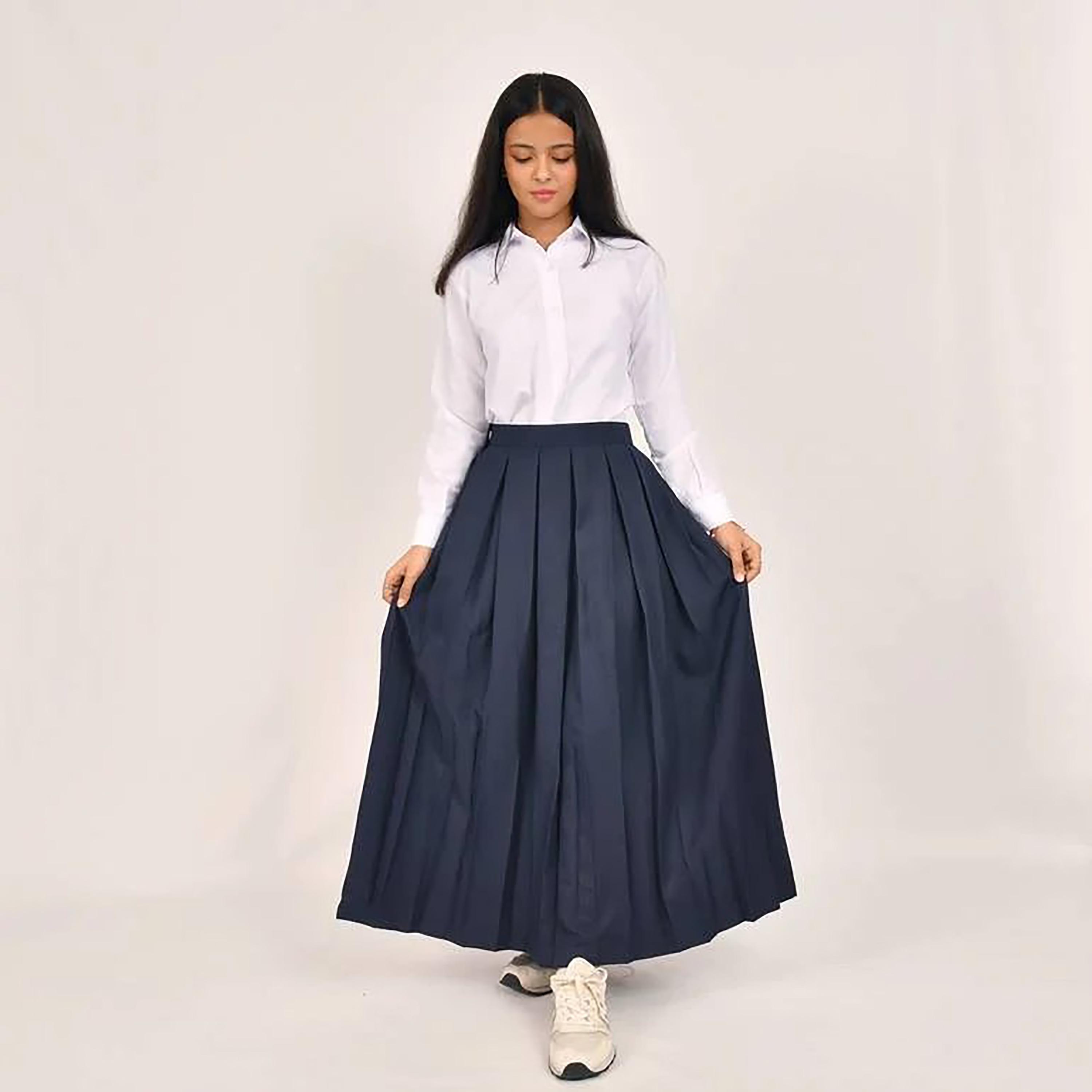 Hawraa Blue Plain Linen Girls Full Length Skirt-girls-clothing-bottoms-skirts-image-5