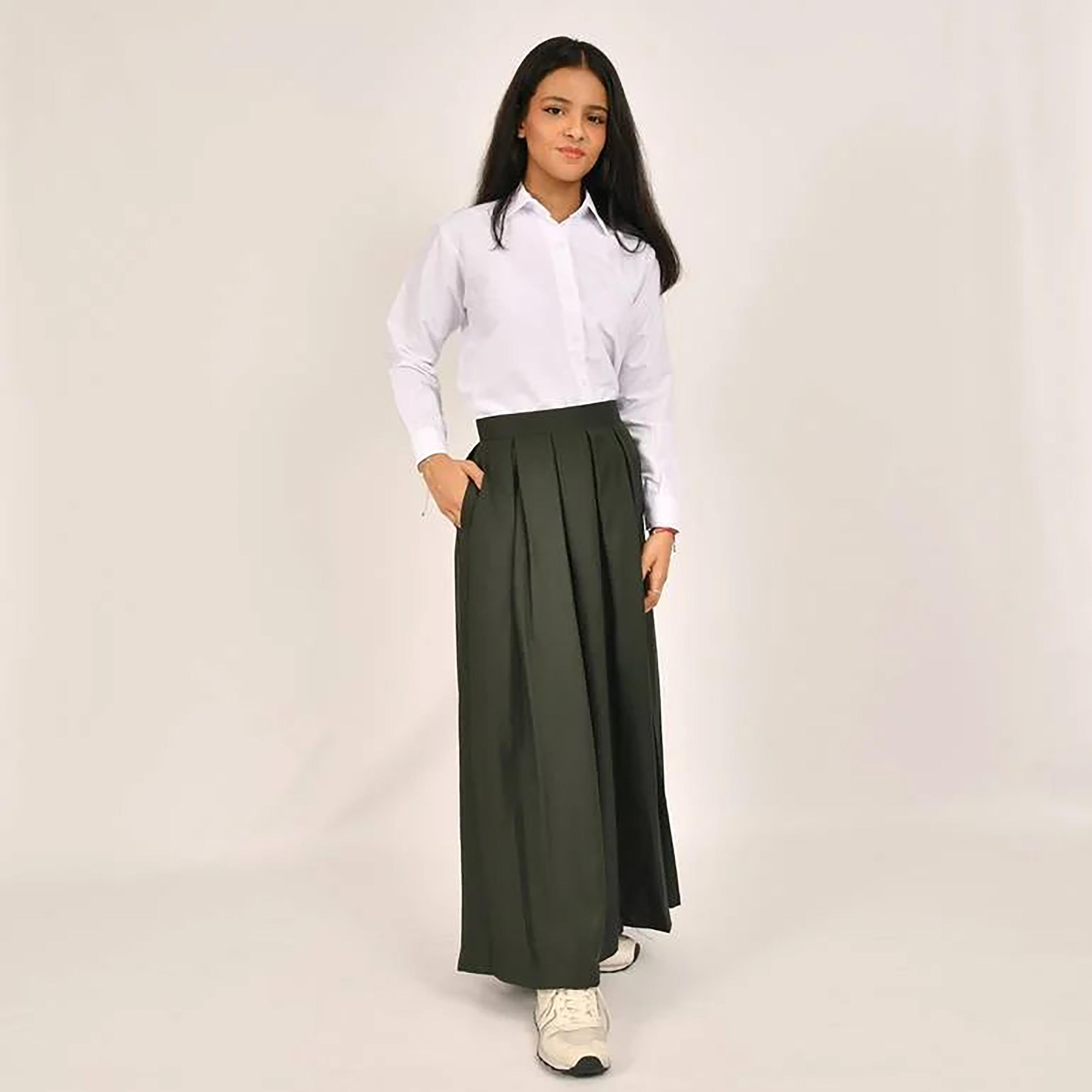 Hawraa Green Plain Linen Girls Full Length Skirt-girls-clothing-bottoms-skirts-image-1
