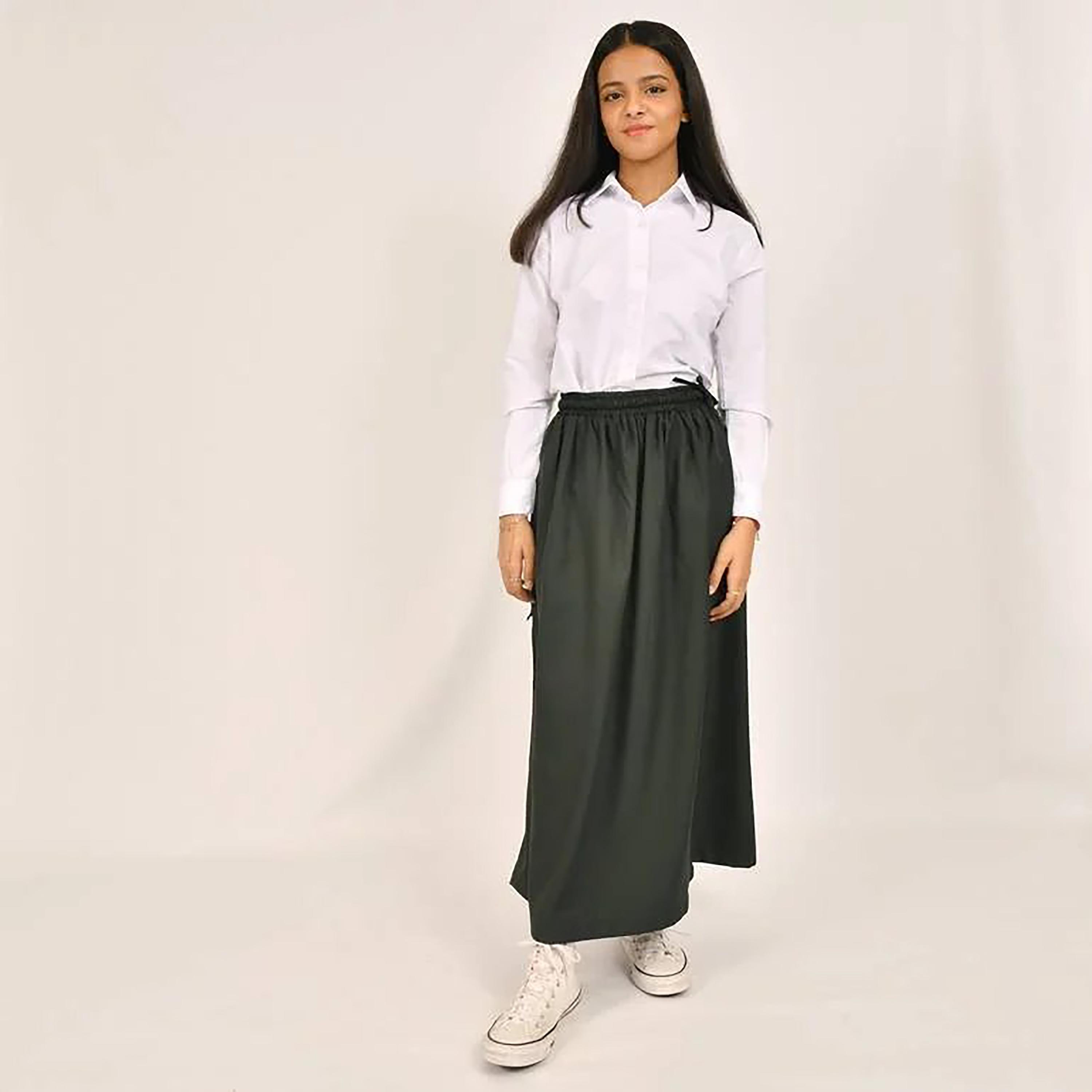 Hawraa Green Plain Linen Girls Full Length Skirt-girls-clothing-bottoms-skirts-image-1