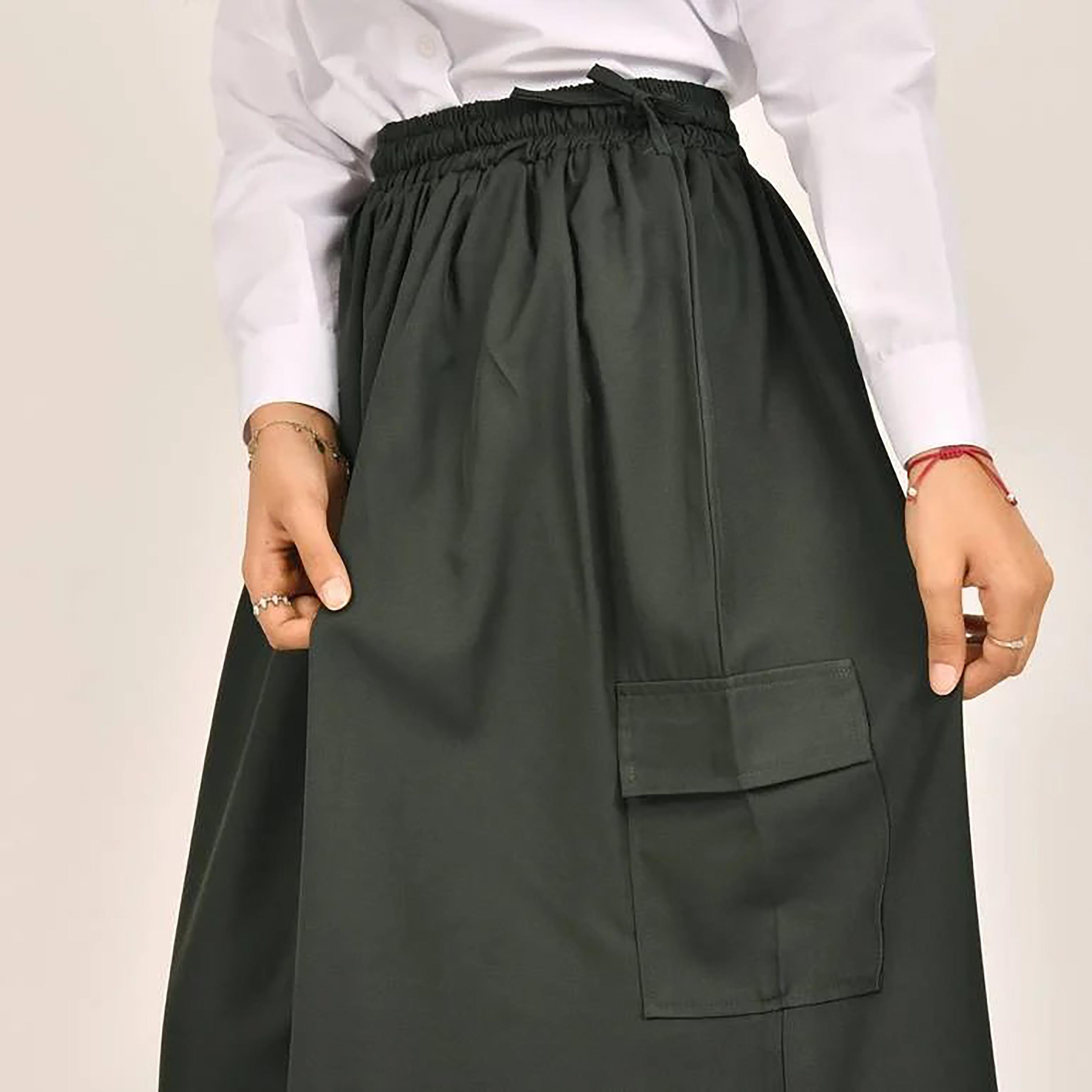 Hawraa Green Plain Linen Girls Full Length Skirt-girls-clothing-bottoms-skirts-image-2