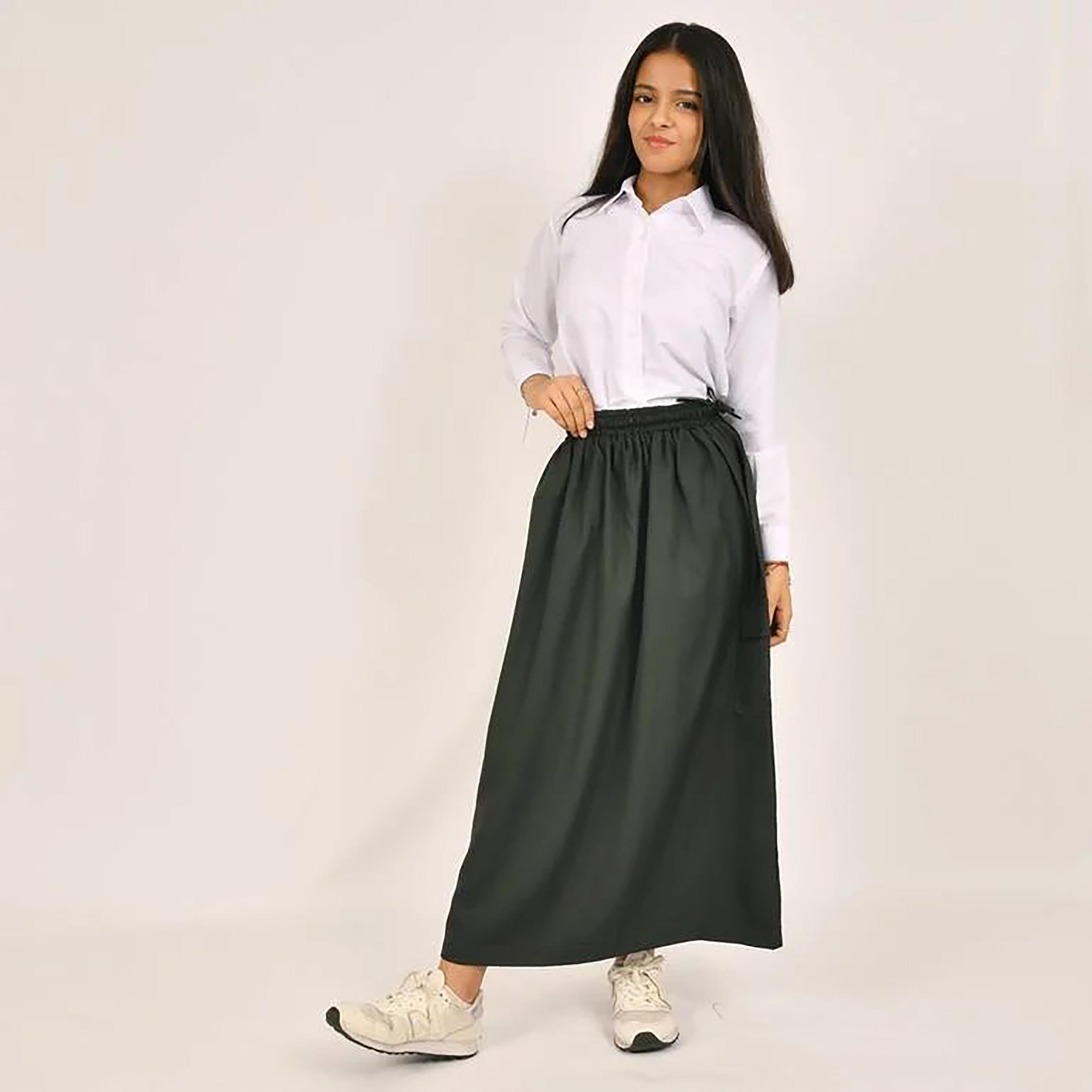 Hawraa Green Plain Linen Girls Full Length Skirt-girls-clothing-bottoms-skirts-image-4