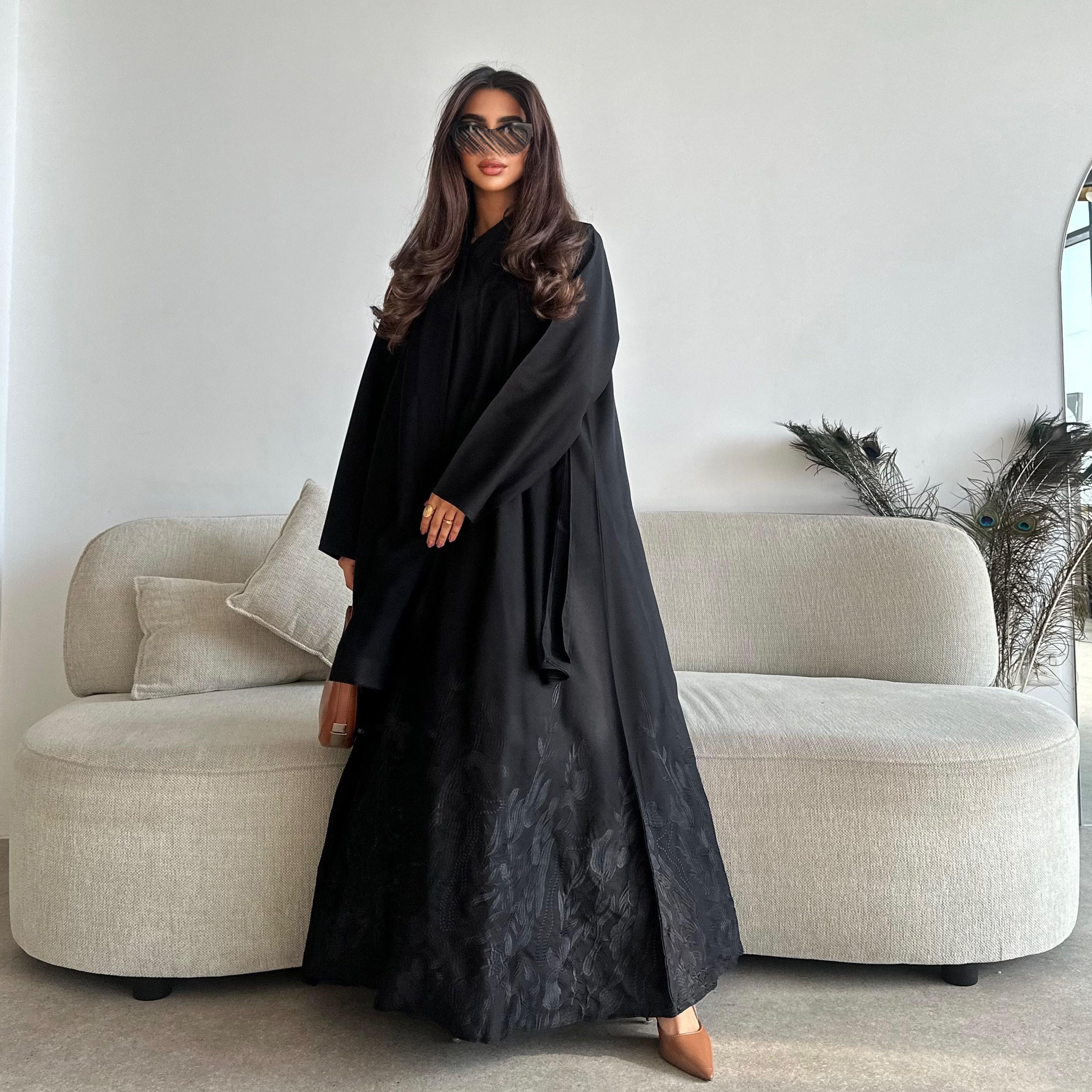Lusin abaya Black Floral Embroidered Crepe Mini Matte Women's Flared Styles Abaya with Hijab-women-arabicclothing-abayas-image-1