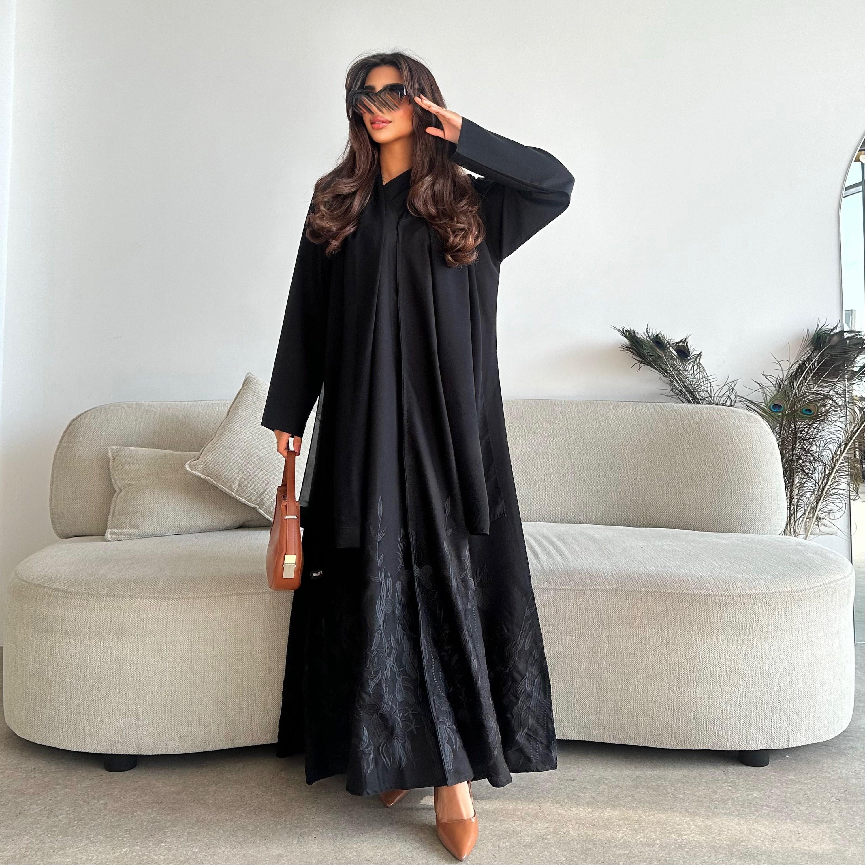 Lusin abaya Black Floral Embroidered Crepe Mini Matte Women's Flared Styles Abaya with Hijab-women-arabicclothing-abayas-image-2