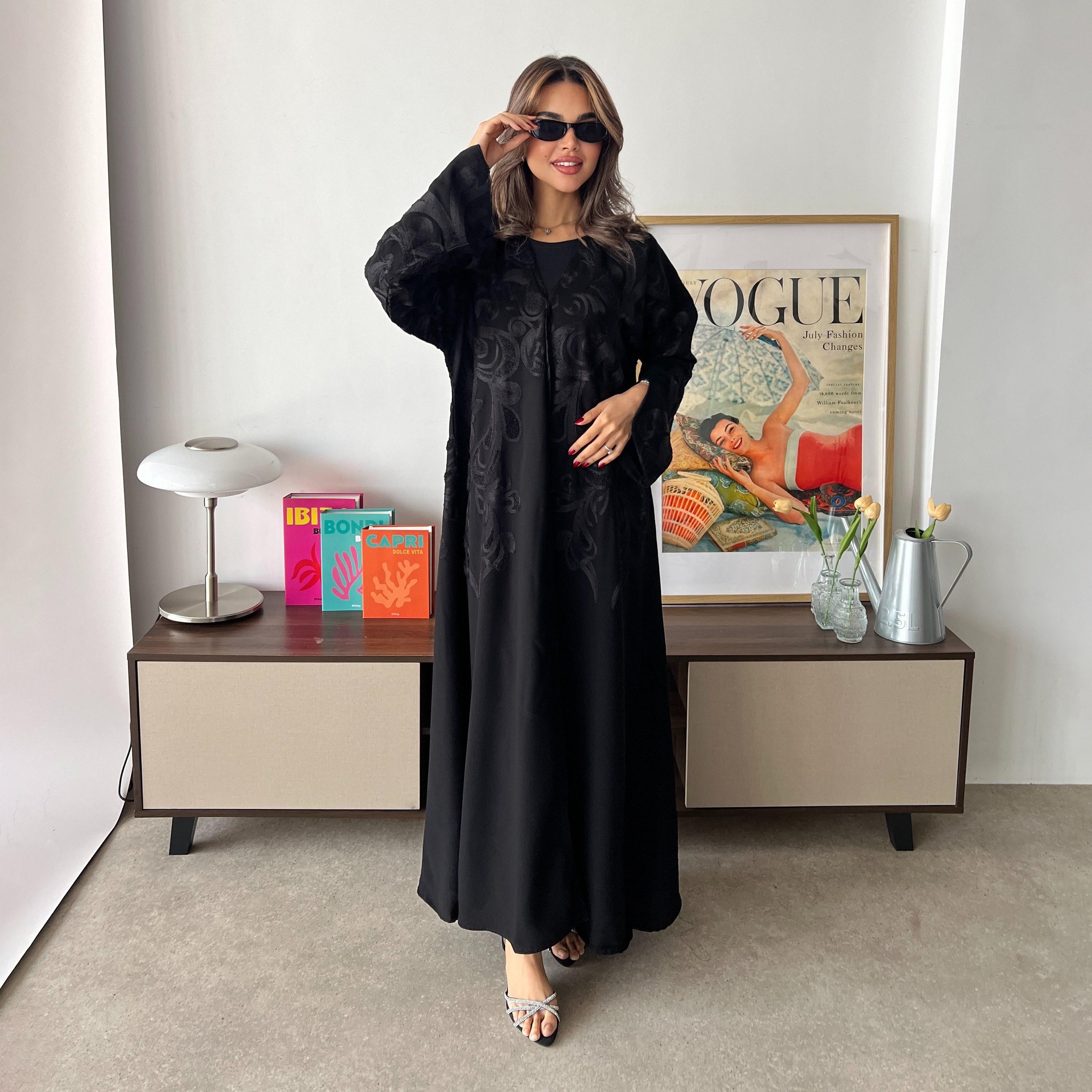 Lusin abaya Black Chanel Embroidered Slit Cuffed Royal Crepe Women's Abaya with Hijab-women-arabicclothing-abayas-image-1