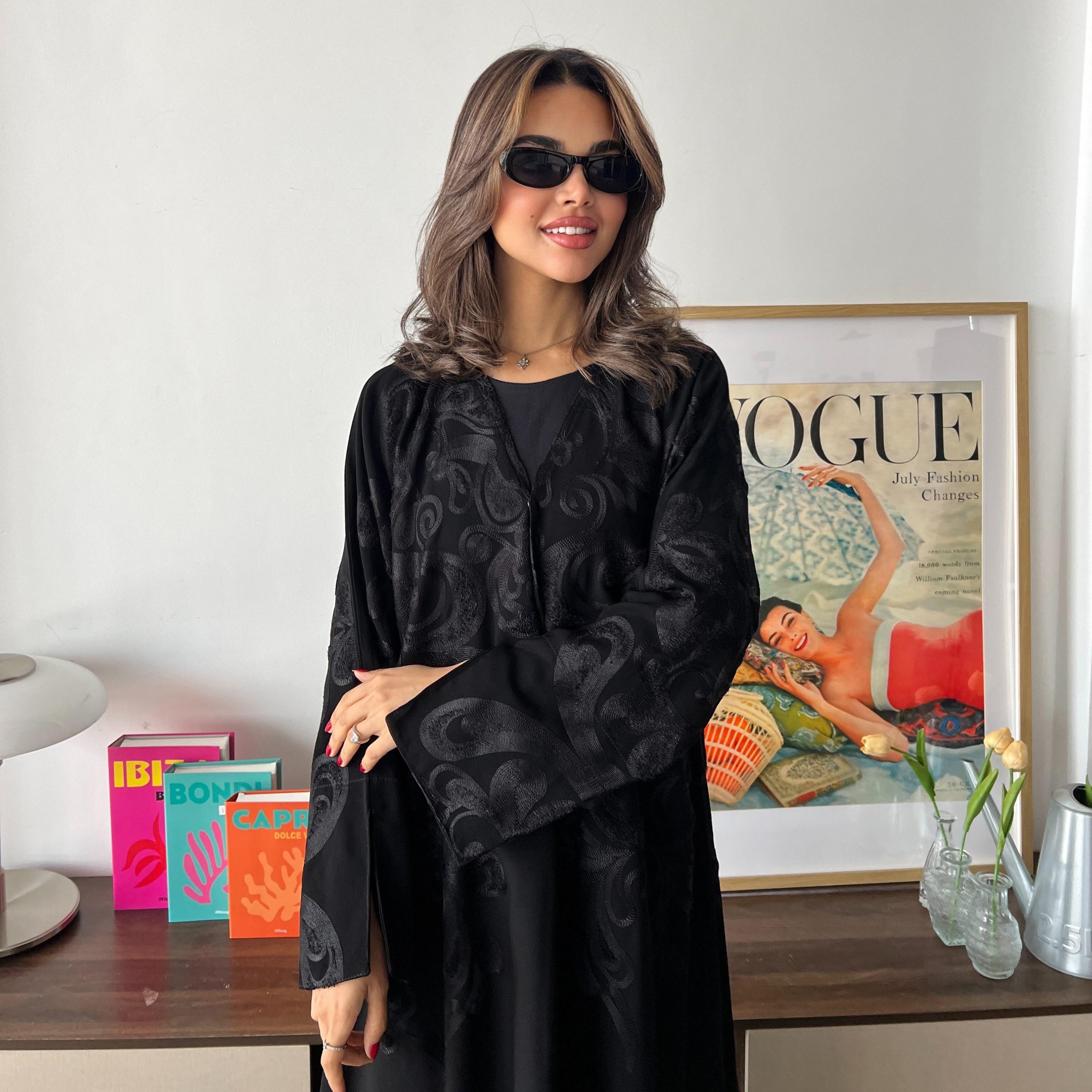 Lusin abaya Black Chanel Embroidered Slit Cuffed Royal Crepe Women's Abaya with Hijab-women-arabicclothing-abayas-image-2