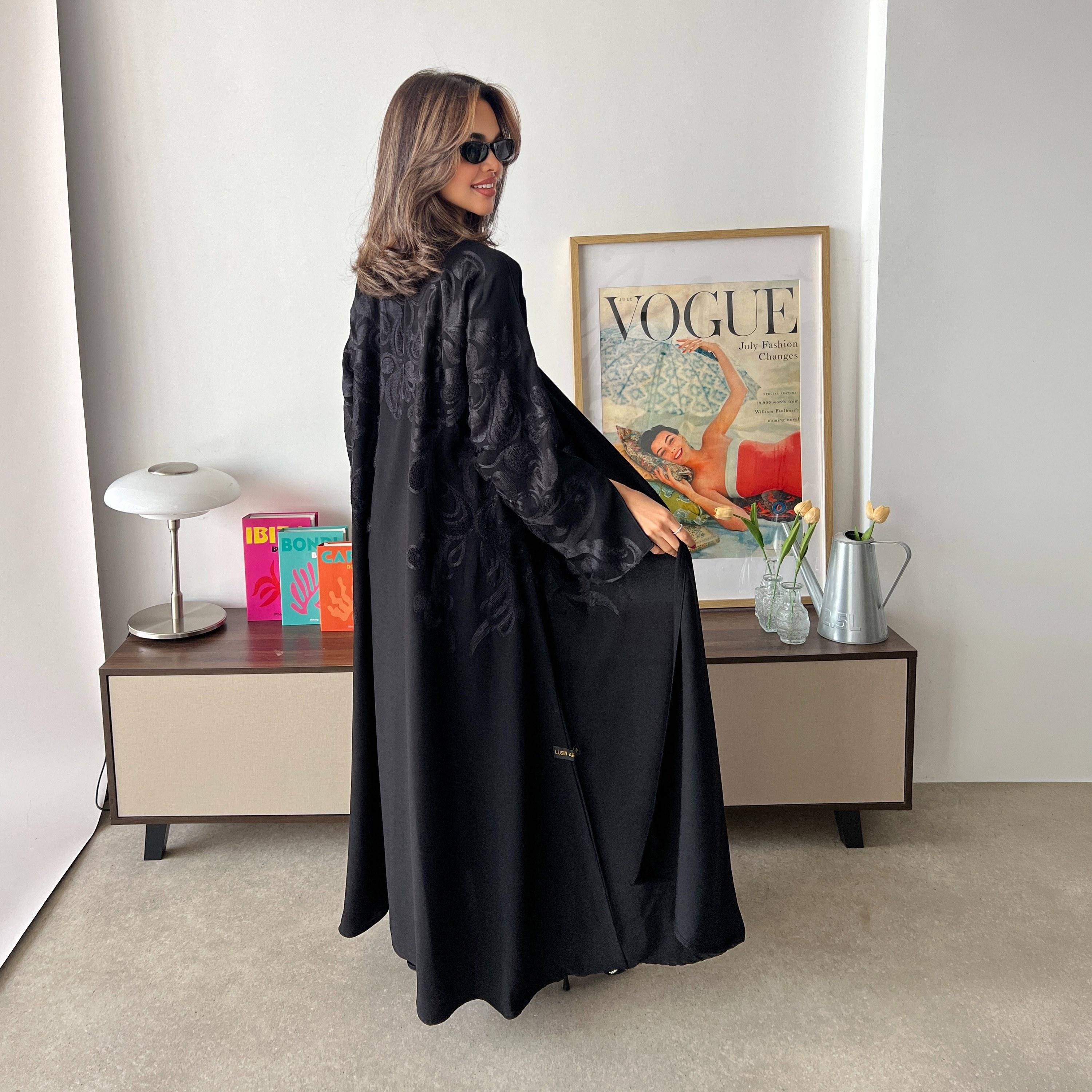 Lusin abaya Black Chanel Embroidered Slit Cuffed Royal Crepe Women's Abaya with Hijab-women-arabicclothing-abayas-image-7