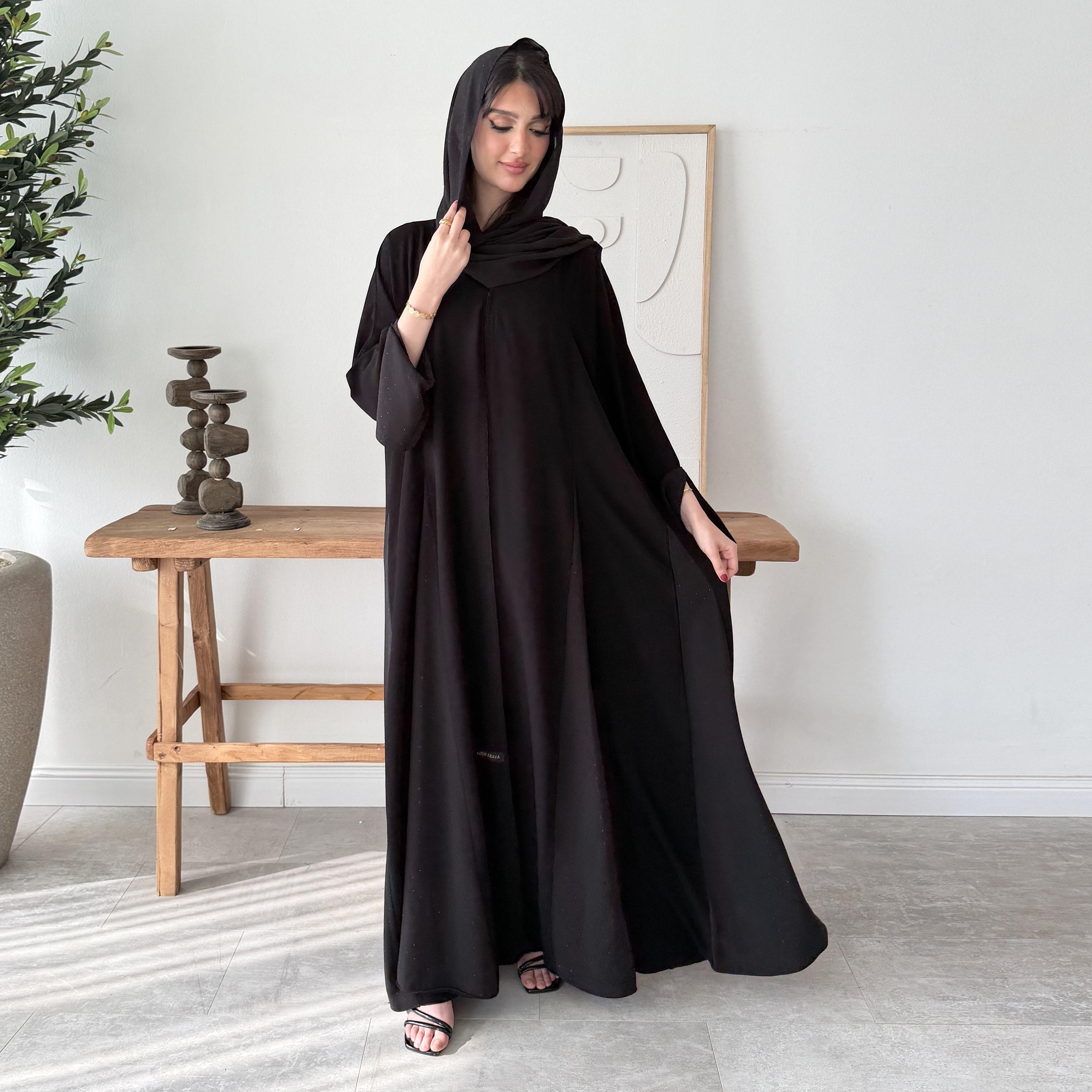 Lusin abaya Black Godet Panelled Wide Sleeves Royal Crepe Women's Flared Style Abaya with Hijab-women-arabicclothing-abayas-image-1