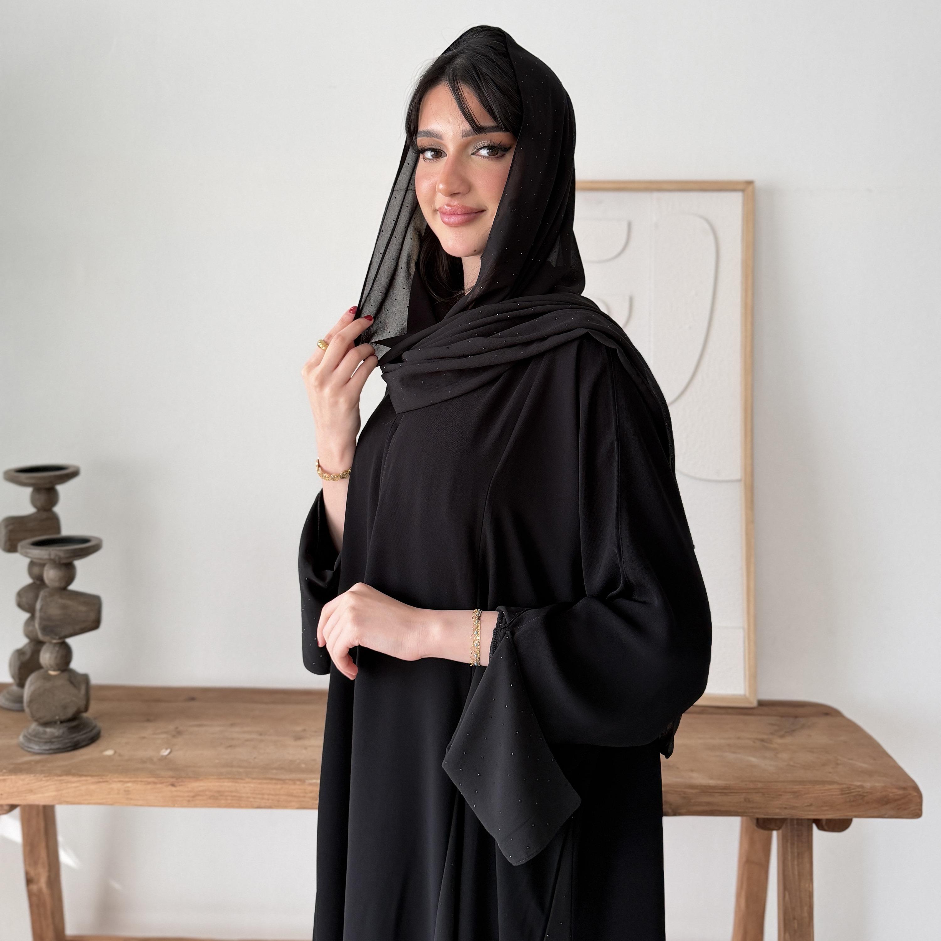 Lusin abaya Black Godet Panelled Wide Sleeves Royal Crepe Women's Flared Style Abaya with Hijab-women-arabicclothing-abayas-image-2