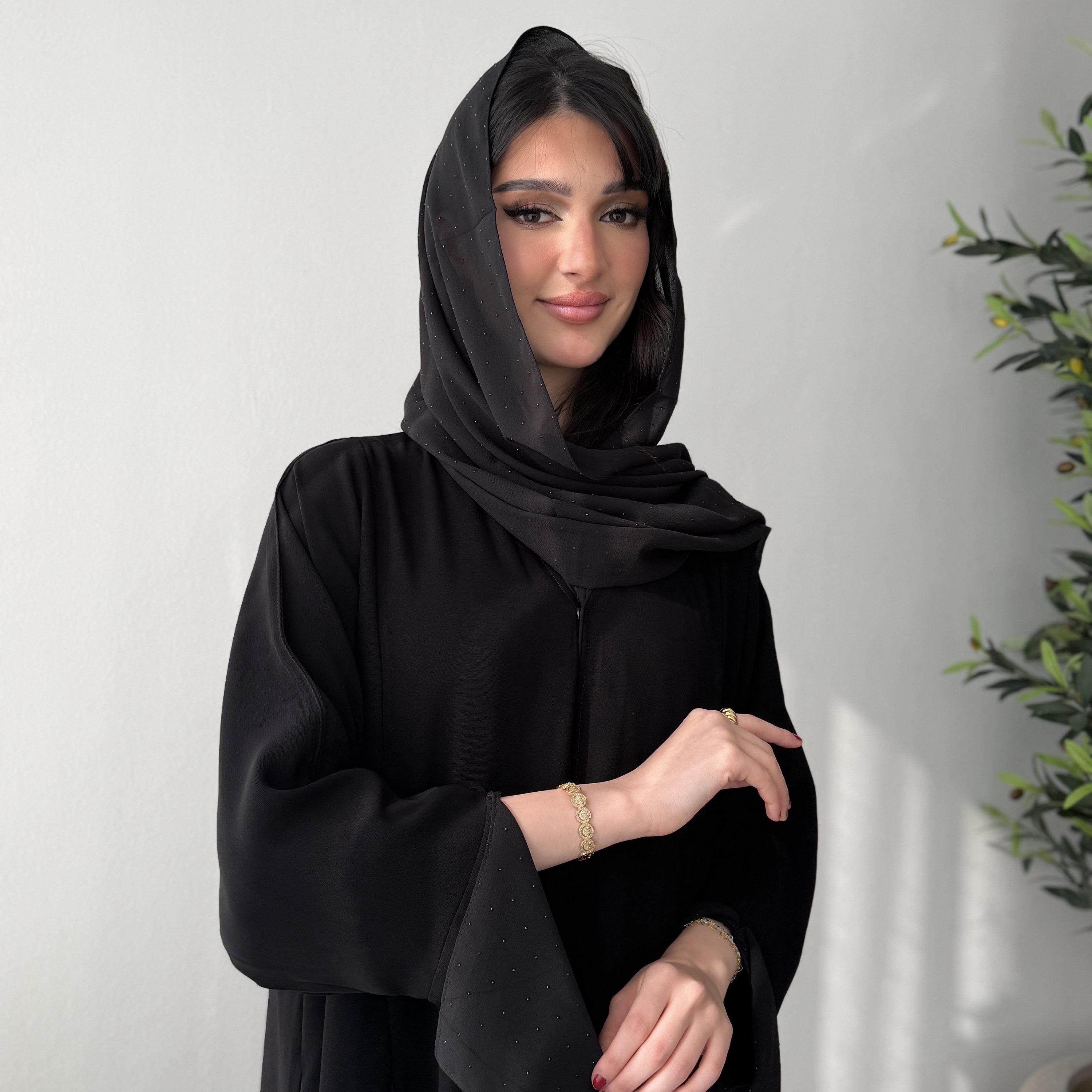 Lusin abaya Black Godet Panelled Wide Sleeves Royal Crepe Women's Flared Style Abaya with Hijab-women-arabicclothing-abayas-image-3