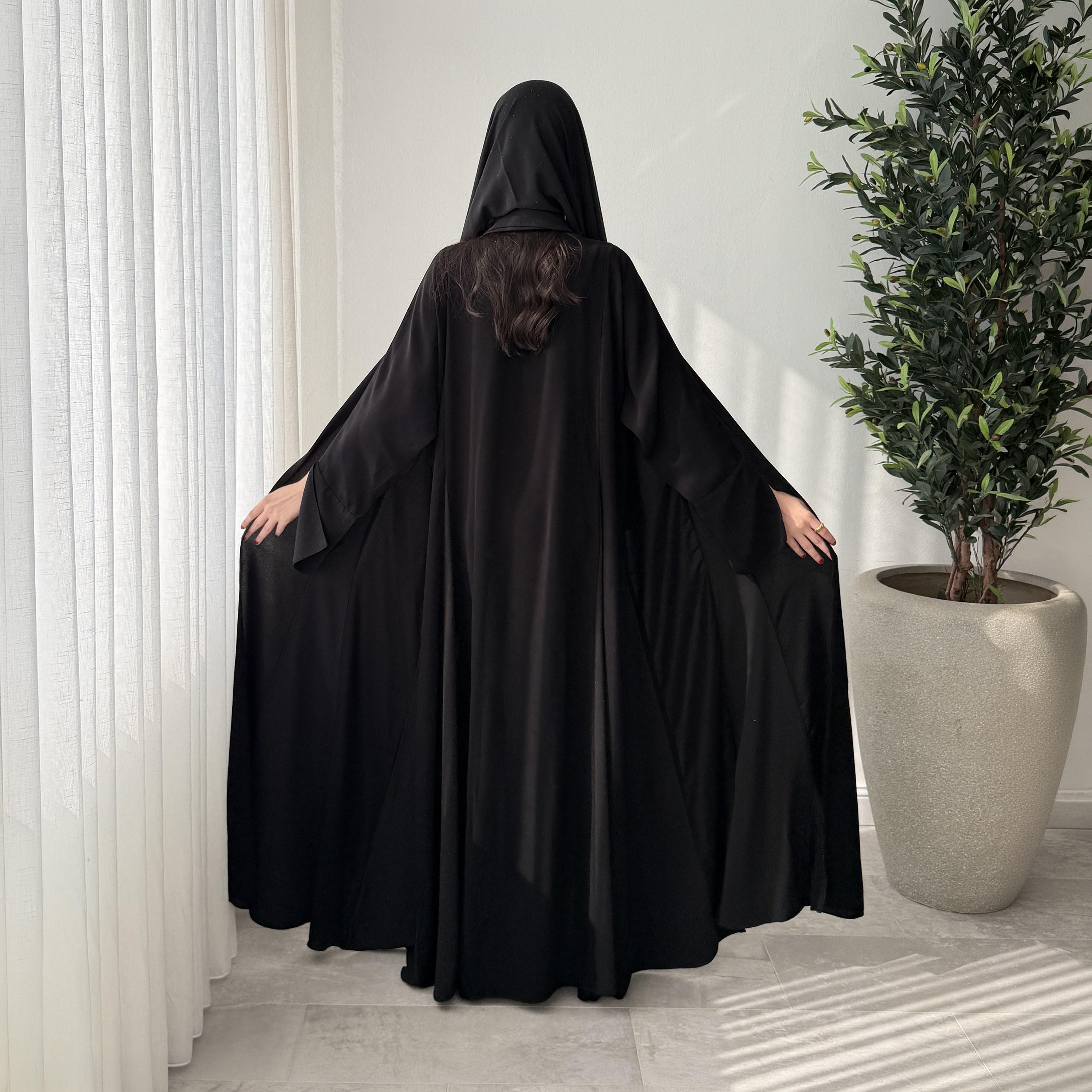 Lusin abaya Black Godet Panelled Wide Sleeves Royal Crepe Women's Flared Style Abaya with Hijab-women-arabicclothing-abayas-image-5