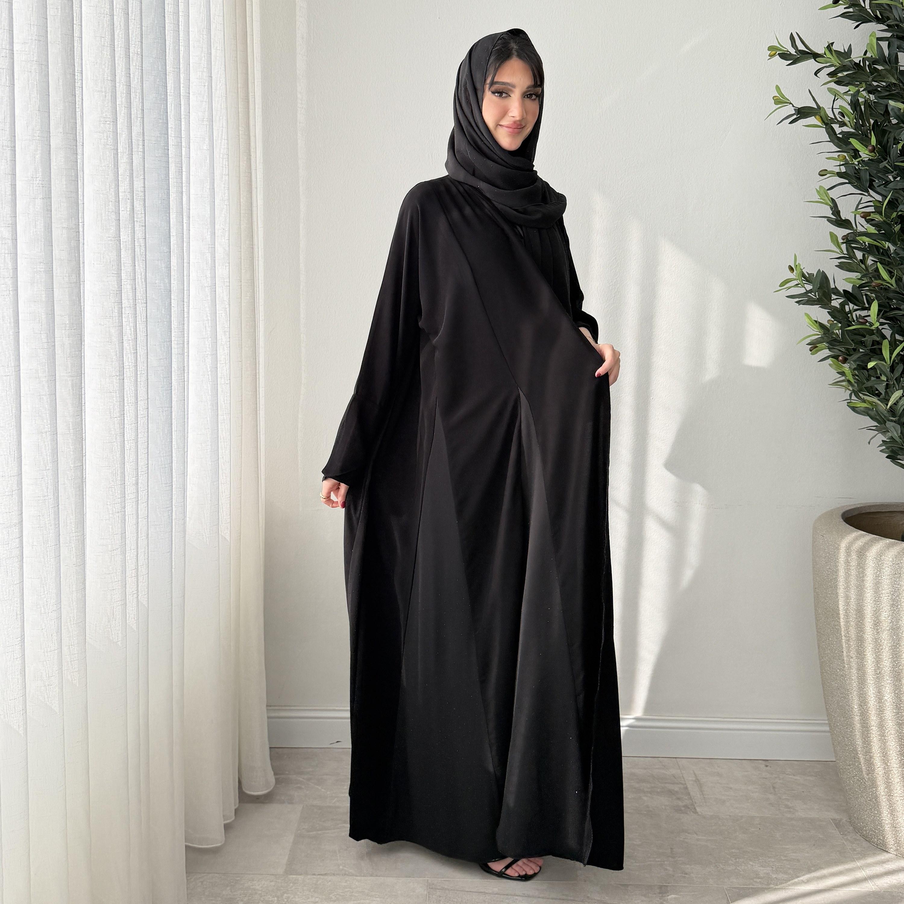 Lusin abaya Black Godet Panelled Wide Sleeves Royal Crepe Women's Flared Style Abaya with Hijab-women-arabicclothing-abayas-image-6