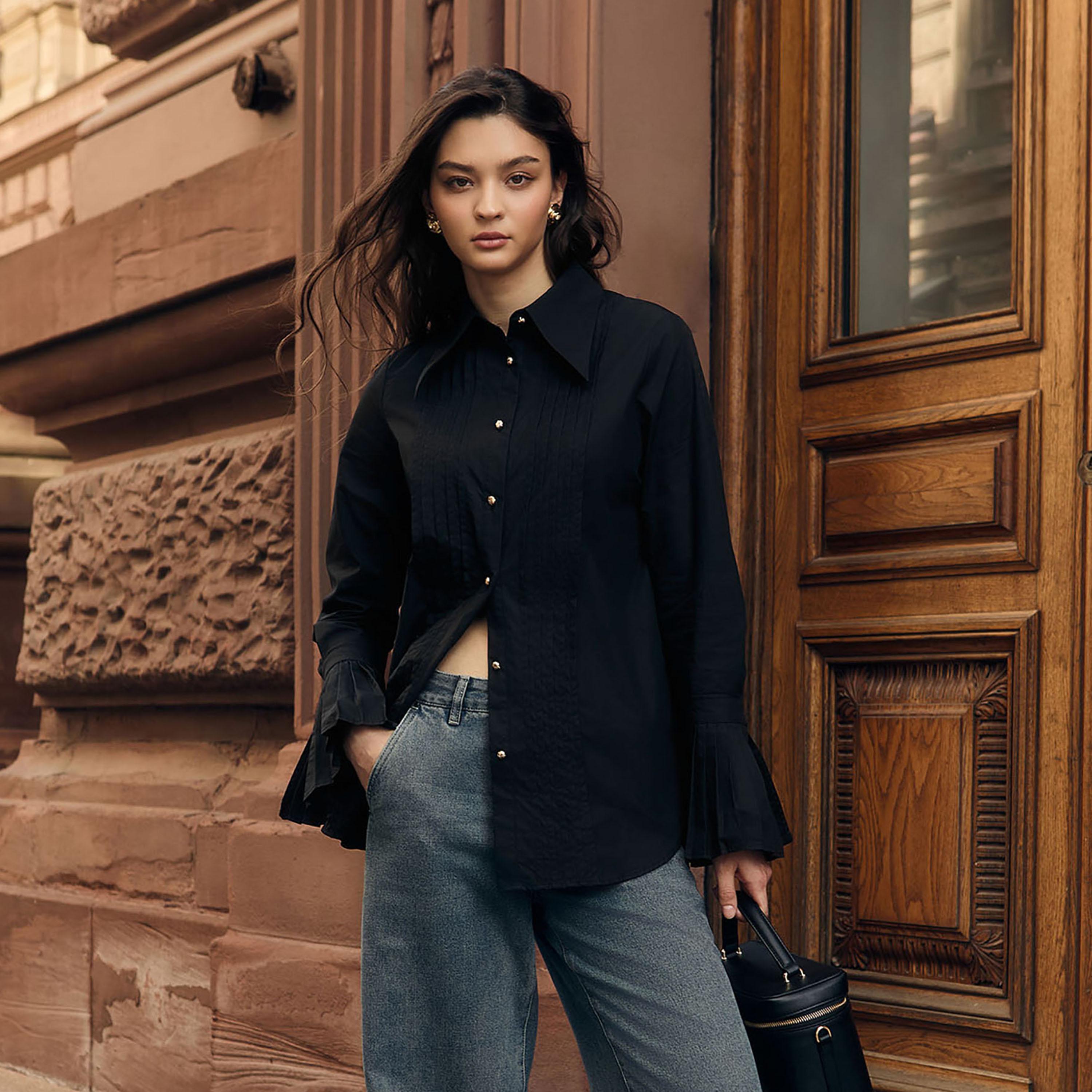 Lichi Black Pleated Pointed Collar Bell Sleeves Women's Shirt-women-clothing-shirtsandblouses-shirts-image-1