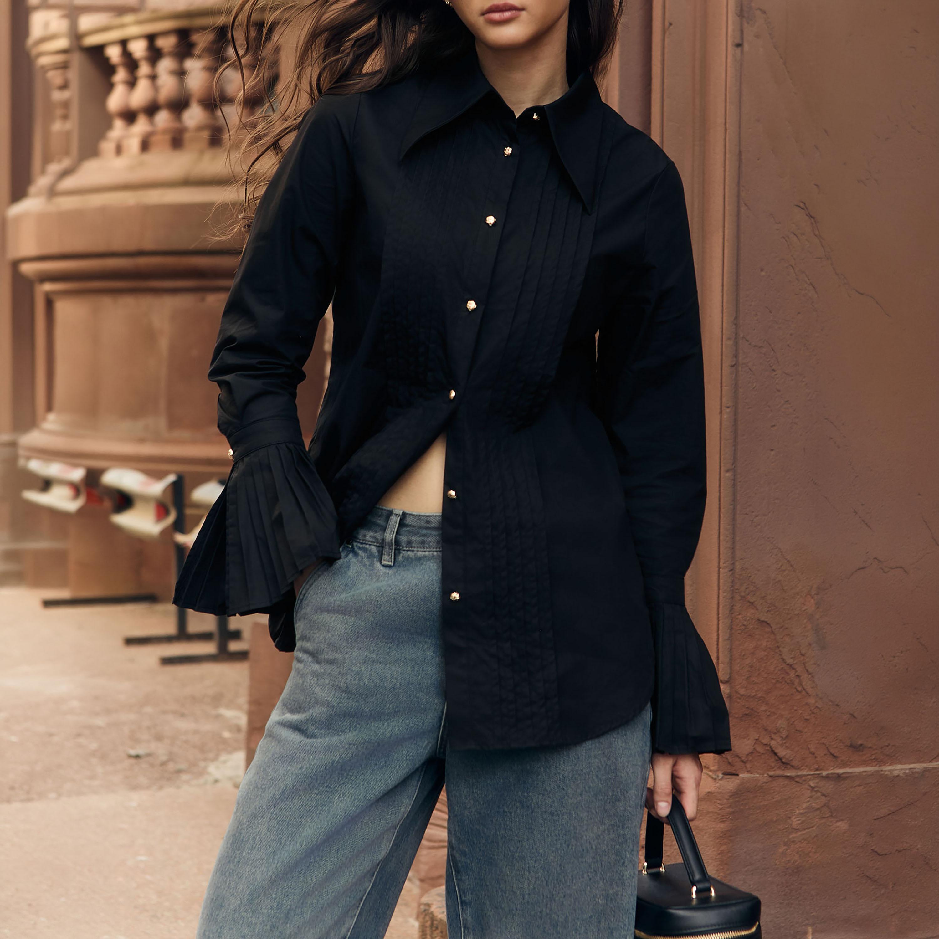 Lichi Black Pleated Pointed Collar Bell Sleeves Women's Shirt-women-clothing-shirtsandblouses-shirts-image-4
