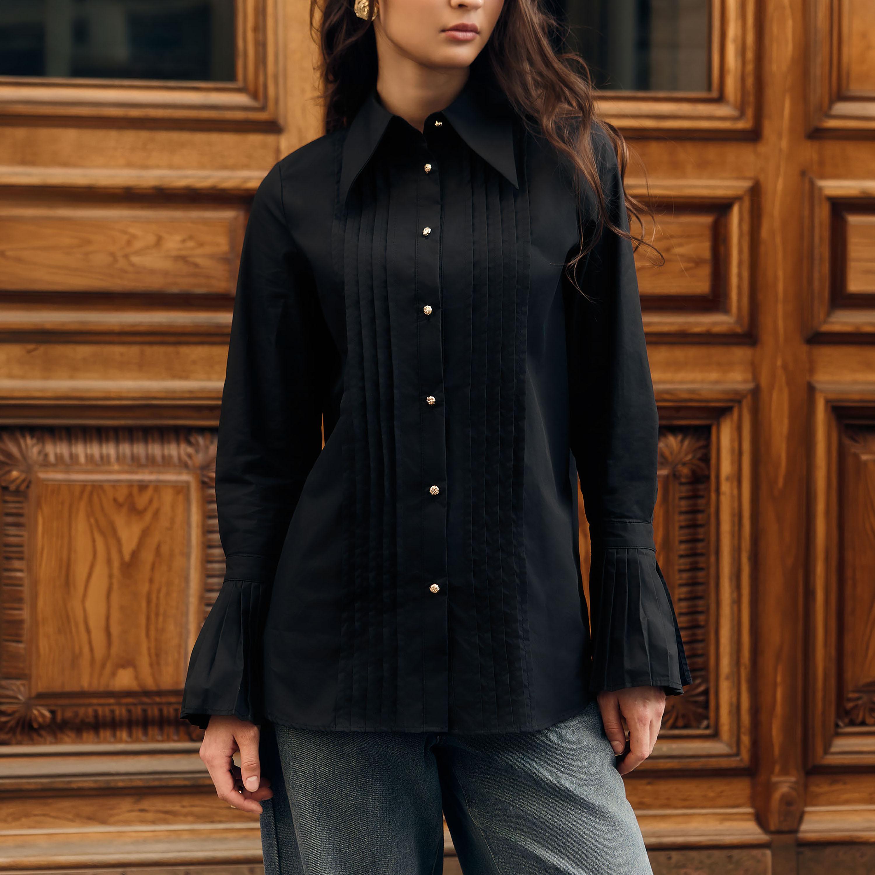 Lichi Black Pleated Pointed Collar Bell Sleeves Women's Shirt-women-clothing-shirtsandblouses-shirts-image-5