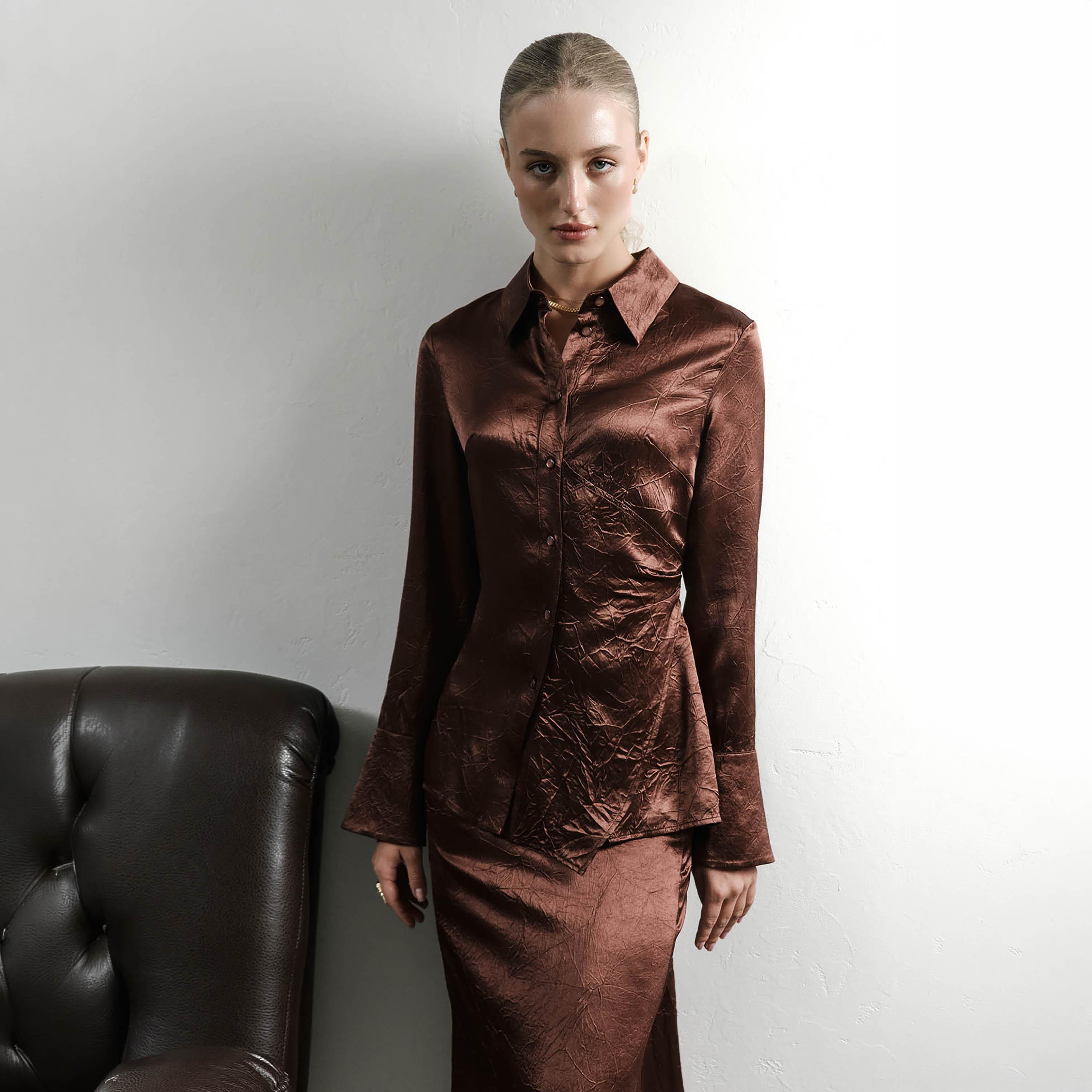Lichi Crinkled Effect Acetate Collared Women's Shirt-women-clothing-shirtsandblouses-shirts-image-1